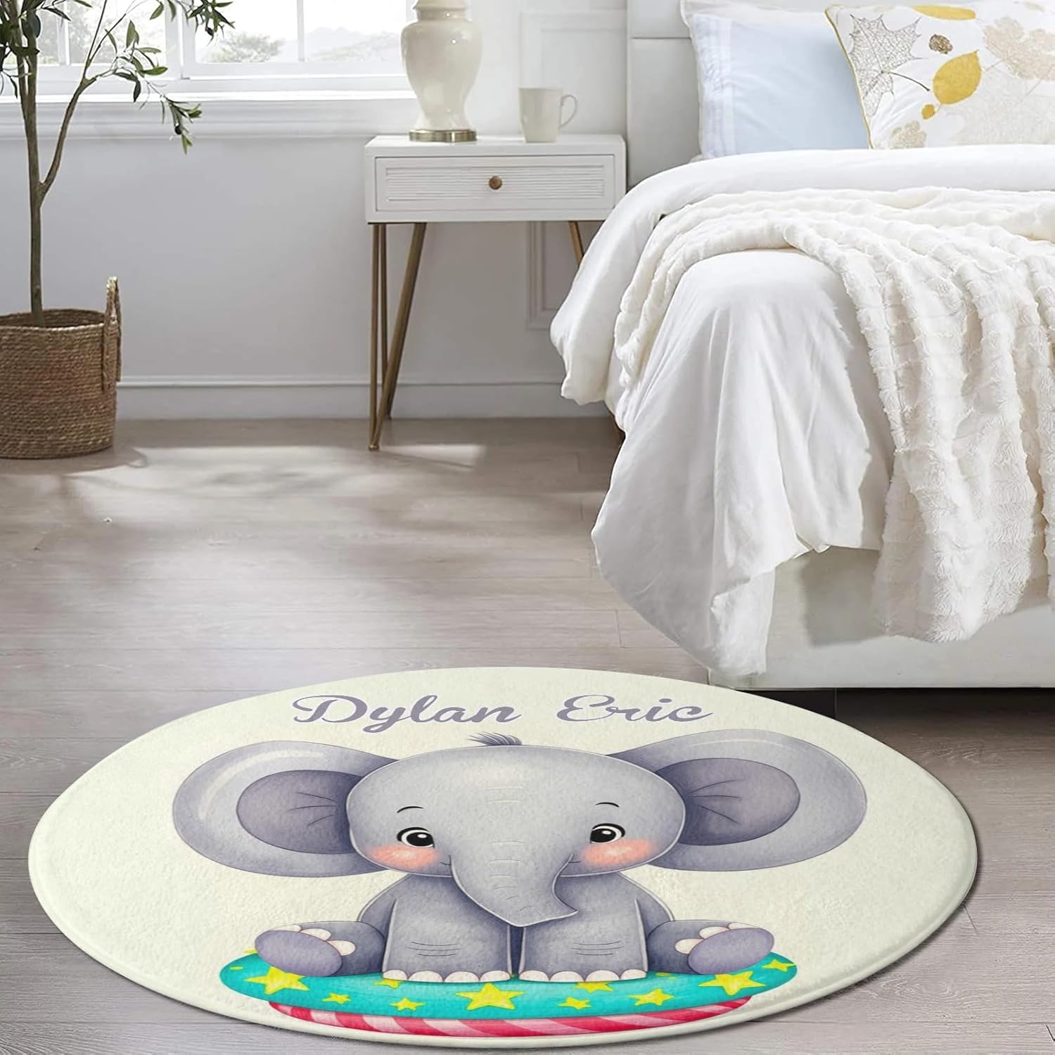 Personalized Cute Elephant Custom Round Area Rug Baby Crawling Floor Mats Gifts for Boys Girls Babies with Names Nursery Bedroom Living Room Decor 31.5x31.5Inch