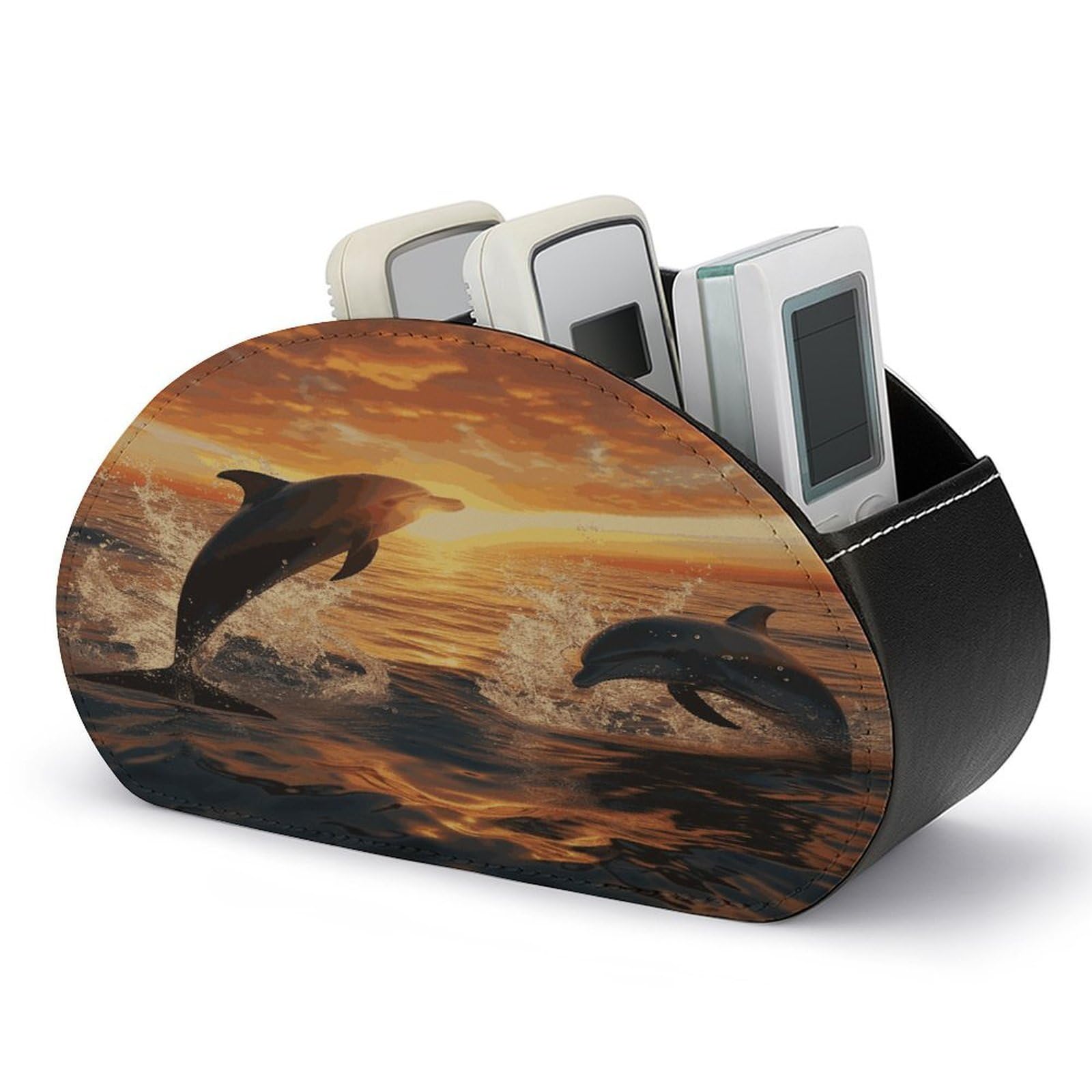 JTREHY Dolphins Jumping Out of The Water at Sunset Remote Control Holder 5 Compartments Remote Caddy Tray PU Leather TV Remoter Storage Box Bedside Table Storage Organizer Office Desk Storage Case