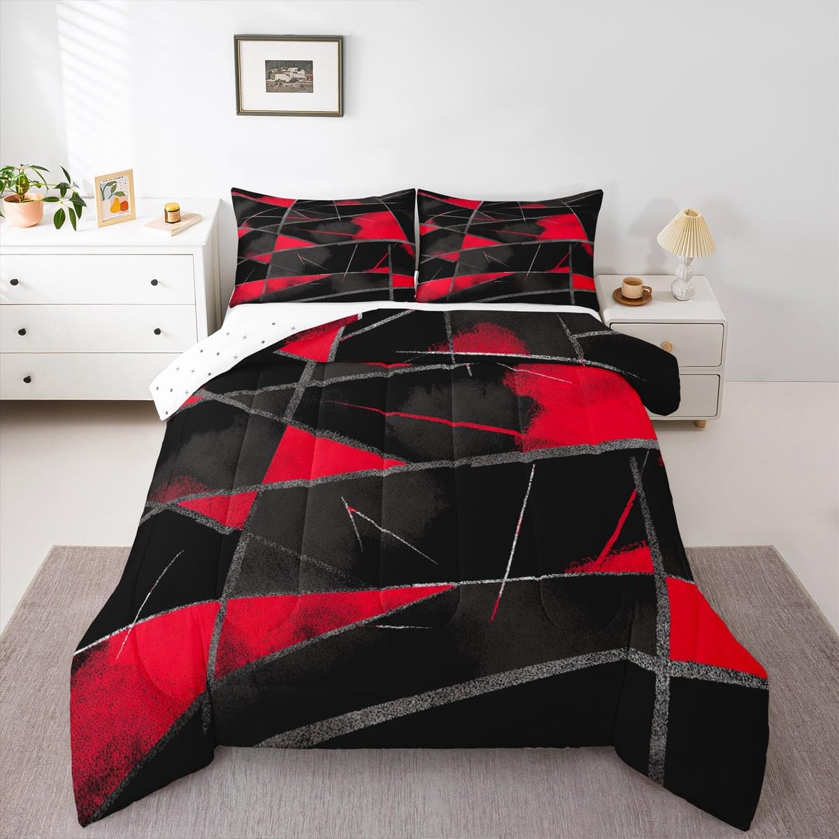 Feelyou Geometric Comforter Set Queen Size Kids Black Grey Red Geometric Comforter Set for Boys Teens Stripe Line Bedding Set Modern Art Duvet Set