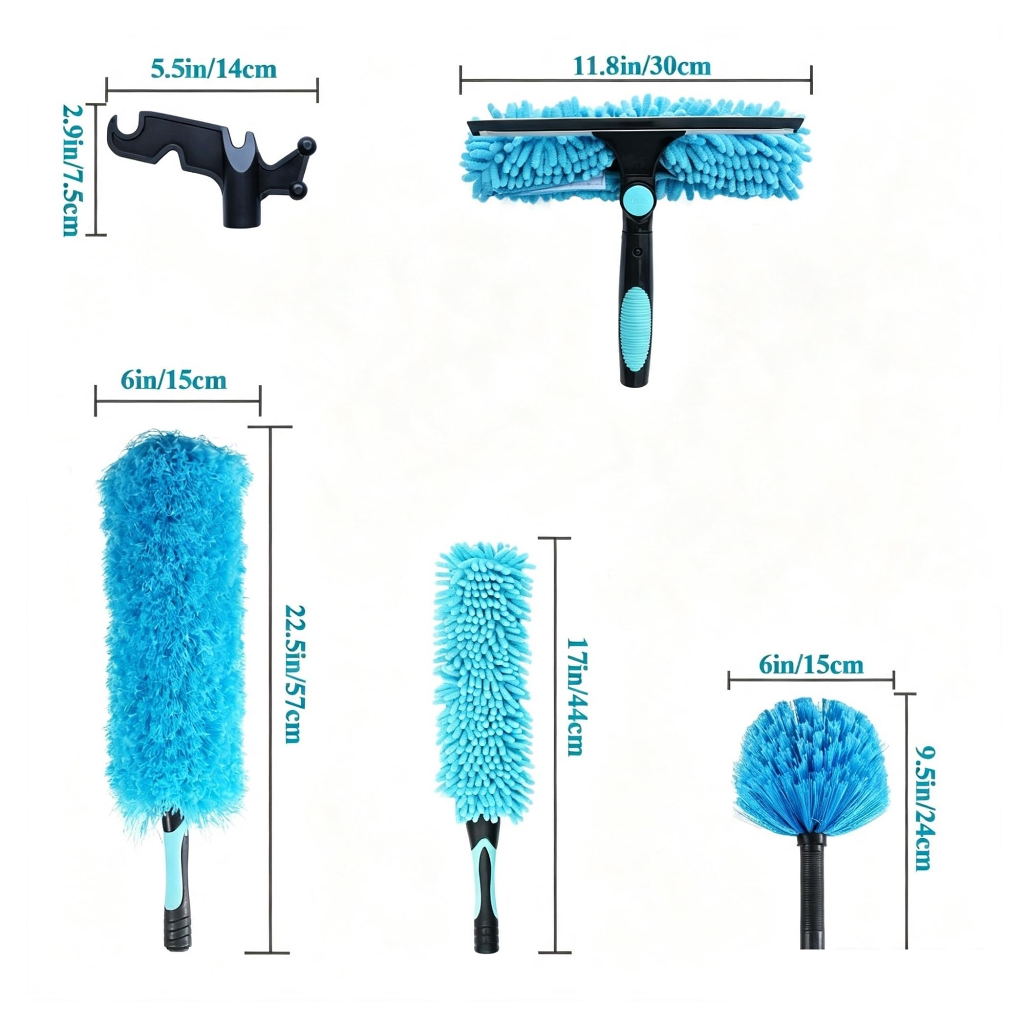 Kit de plumero con barra de extensión de 12 pies, cepillo for telaraña de techo, escurridor de vidrio, limpiador de aspas de ventilador con gancho utilitario