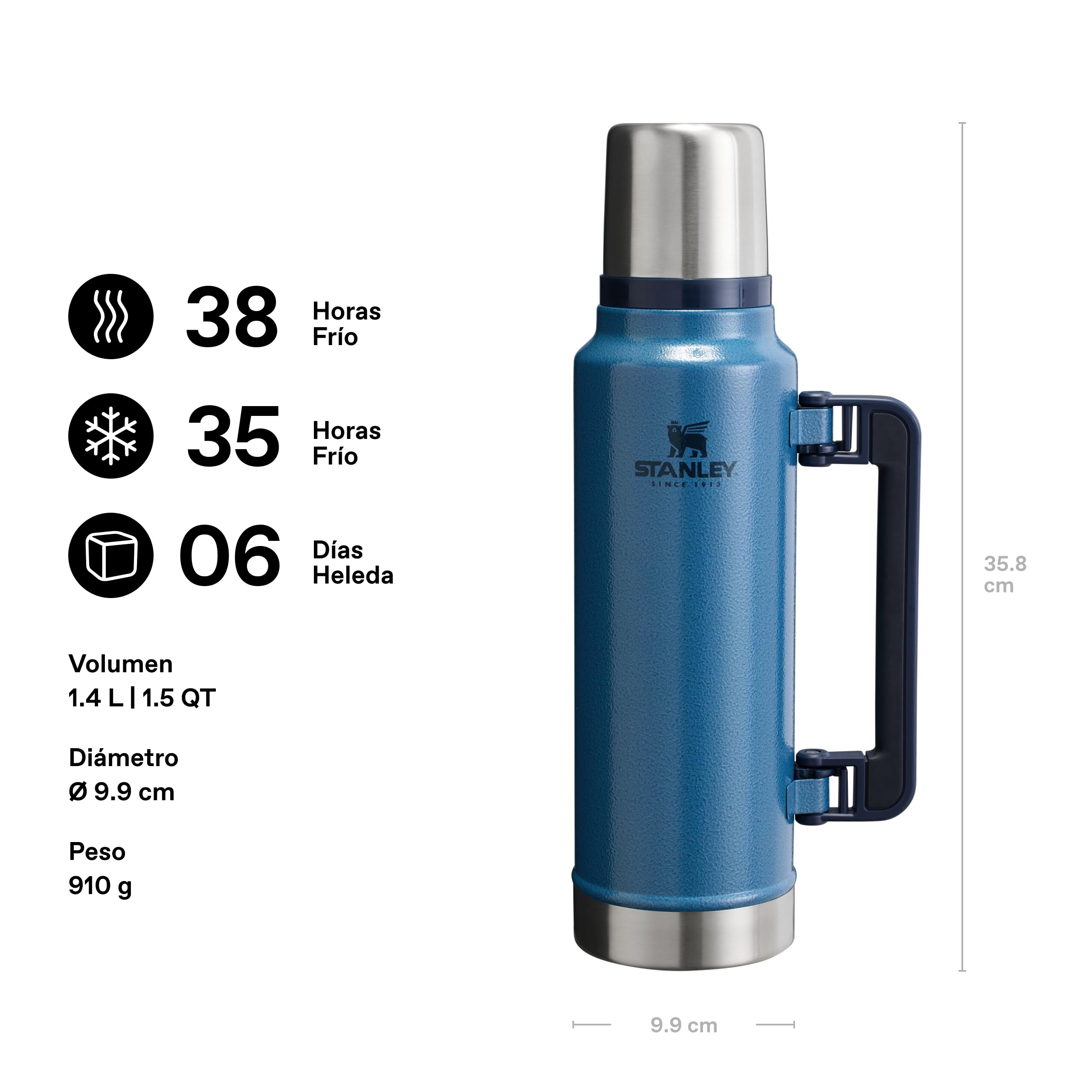 Stanley Classic Legendary Botella Termica 1.4L - Mantiene el Calor 40 Horas - Frío 35 Horas - Termo Cafe - Cantimplora Acero Inoxidable - Sin BPA - Apto Para Lavavajillas - Hammertone Lake