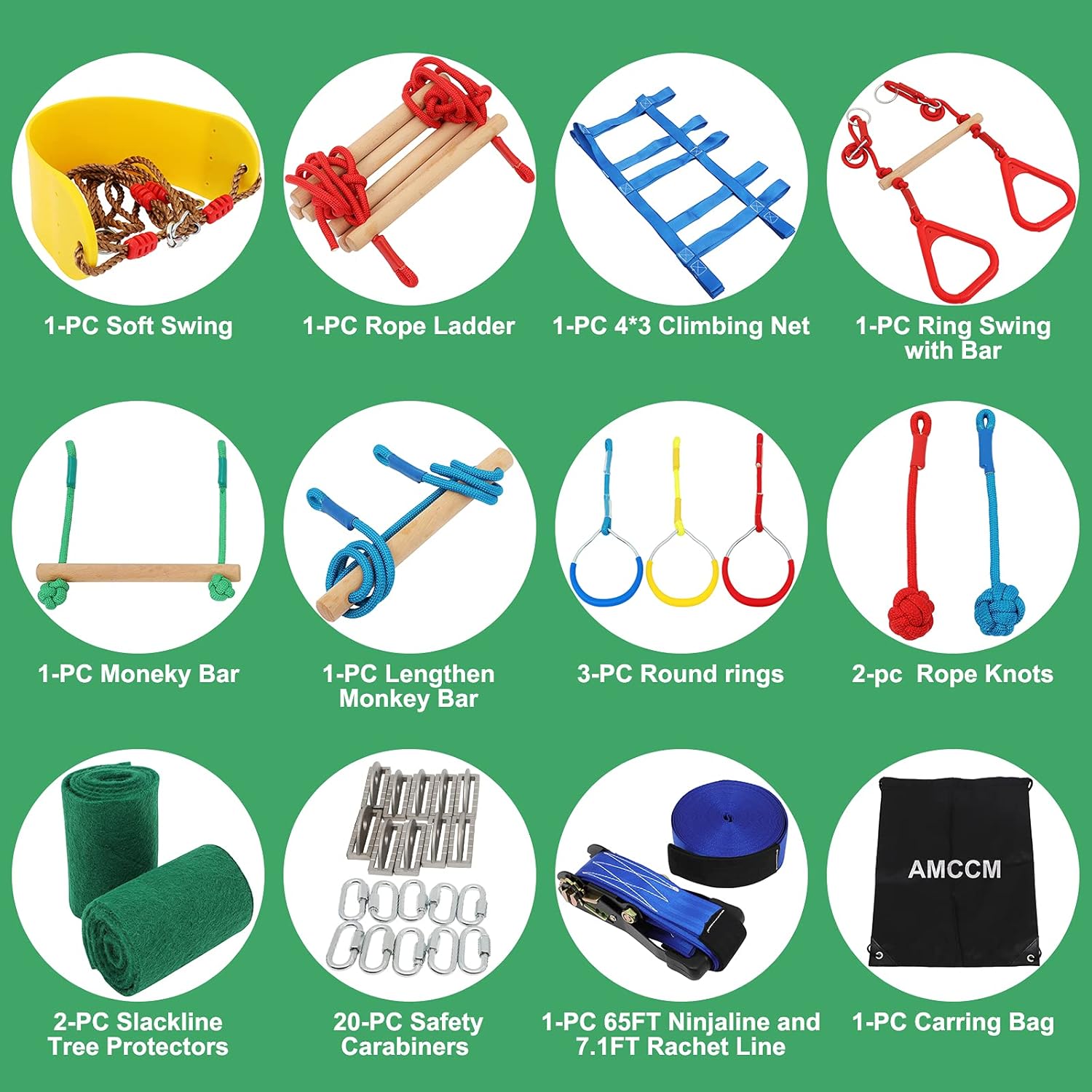 Ninja Warrior Obstacle Course for Kids -Slackline Kit 65FT with 15 Sturdy Attachments Like Obstacle Net, Swing, Monkey Bar - Ninja Course for Kids Outside Multicolour