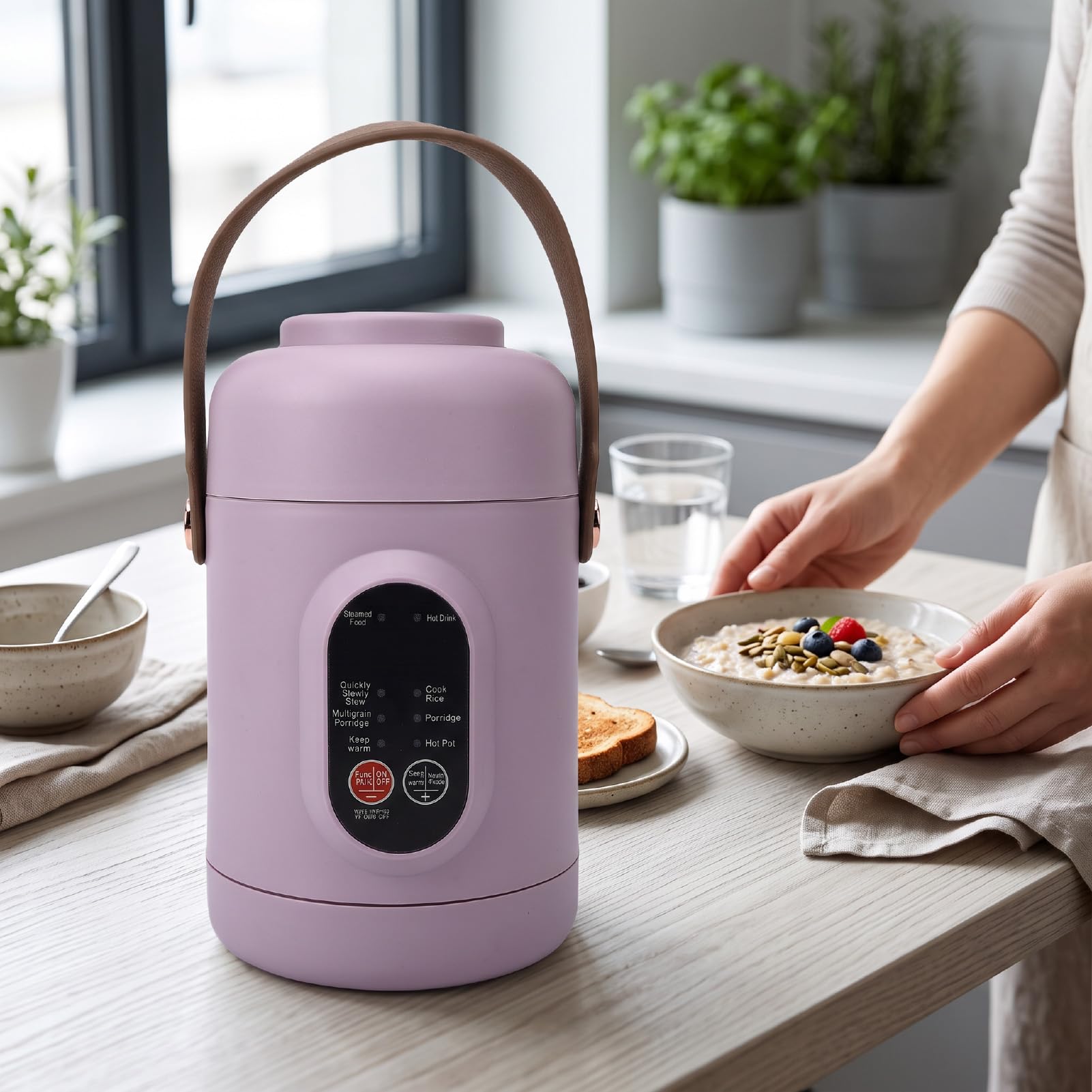 Qcwwy Mini Inteligentny Ryżowar, 800ml Przenośny Elektroniczny Garnek, | Ceramic Nonstick Inner Liner, Cicha Praca, 1 do 2 Porcji, 500W, Gotowanie na Parze, Gulasz, Owsianka