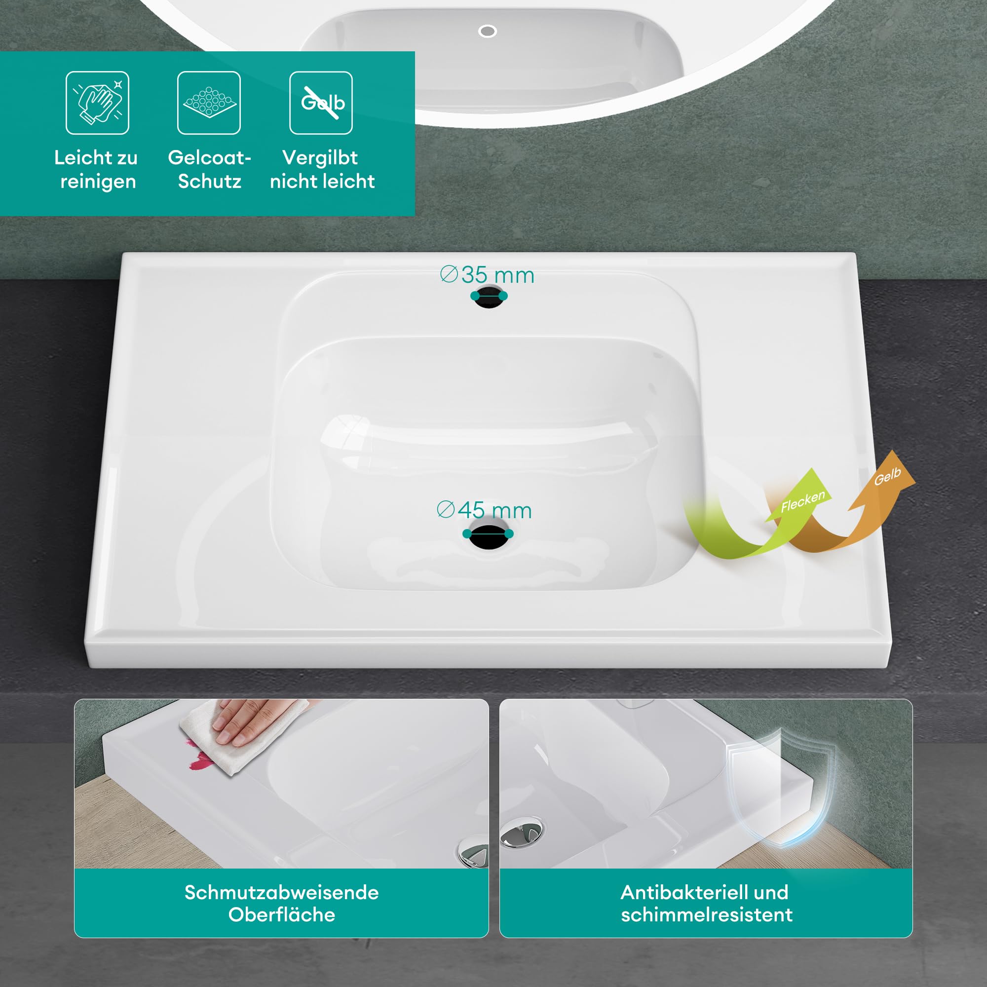 Mai & Mai Lavabo Encastrado Rectangular de Baño, Mármol Fundido, Blanco Brillante, 80x50x16,5 cm, con Orificio para Grifo y Desagüe DIN – Colossum3601