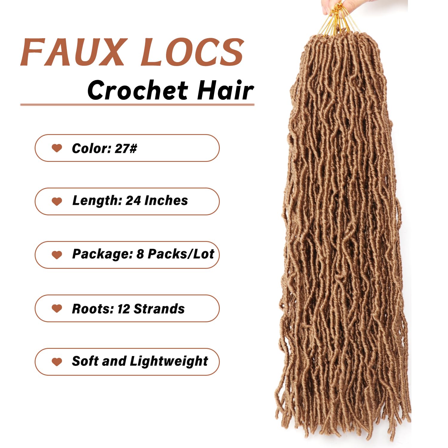 8 Packs Faux Locs Crochet Hair Extensions for Black Women Soft Locs Crochet Braids Hair Extensions (#27, 24Inch (Pack of 8)) - Image 3