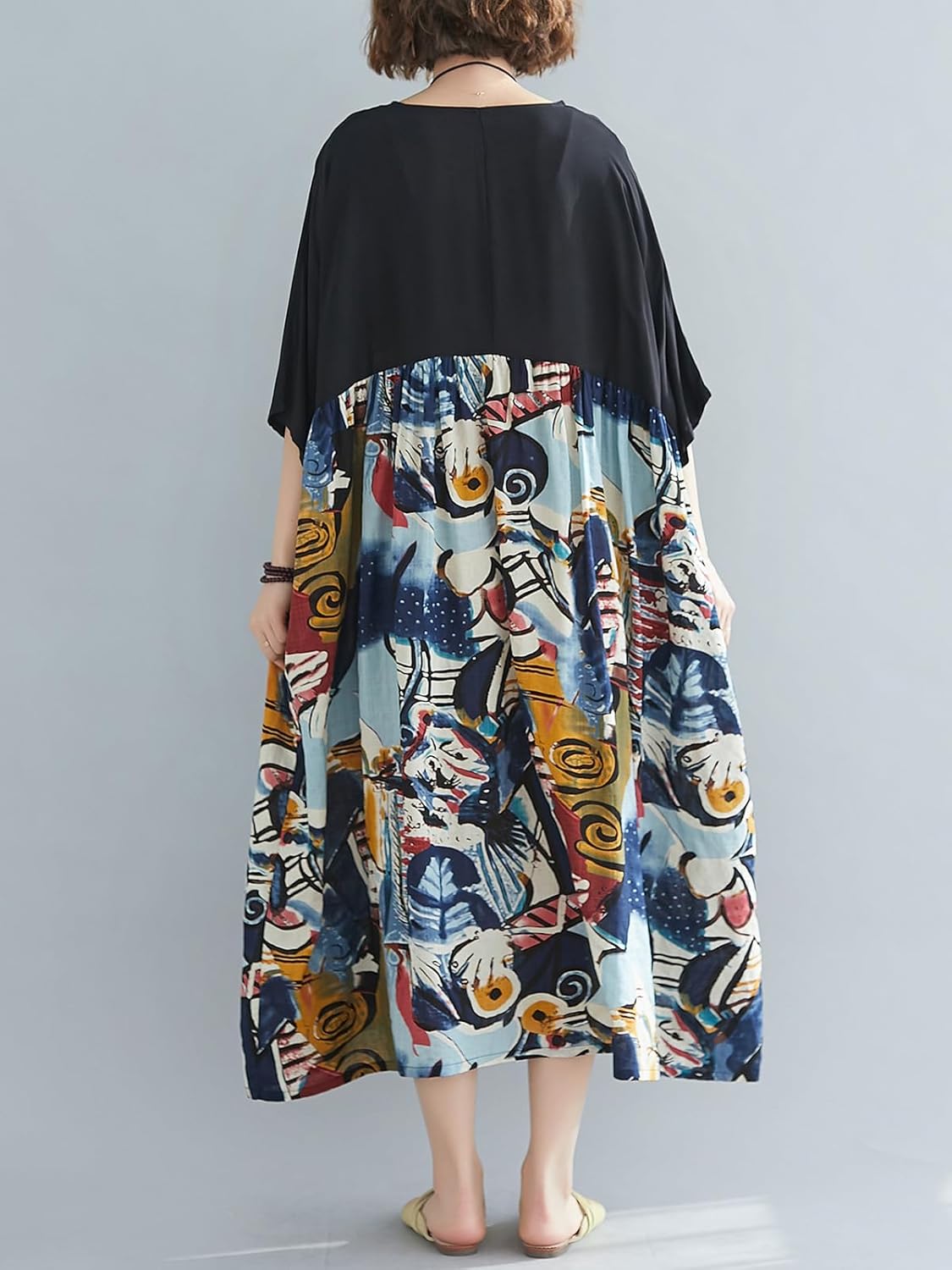 Oversized Dress for Women Loose Fit Plus Size Baggy Dresses Patchwork Cute Artsy Printed O Neck with Pockets Black - Image 3