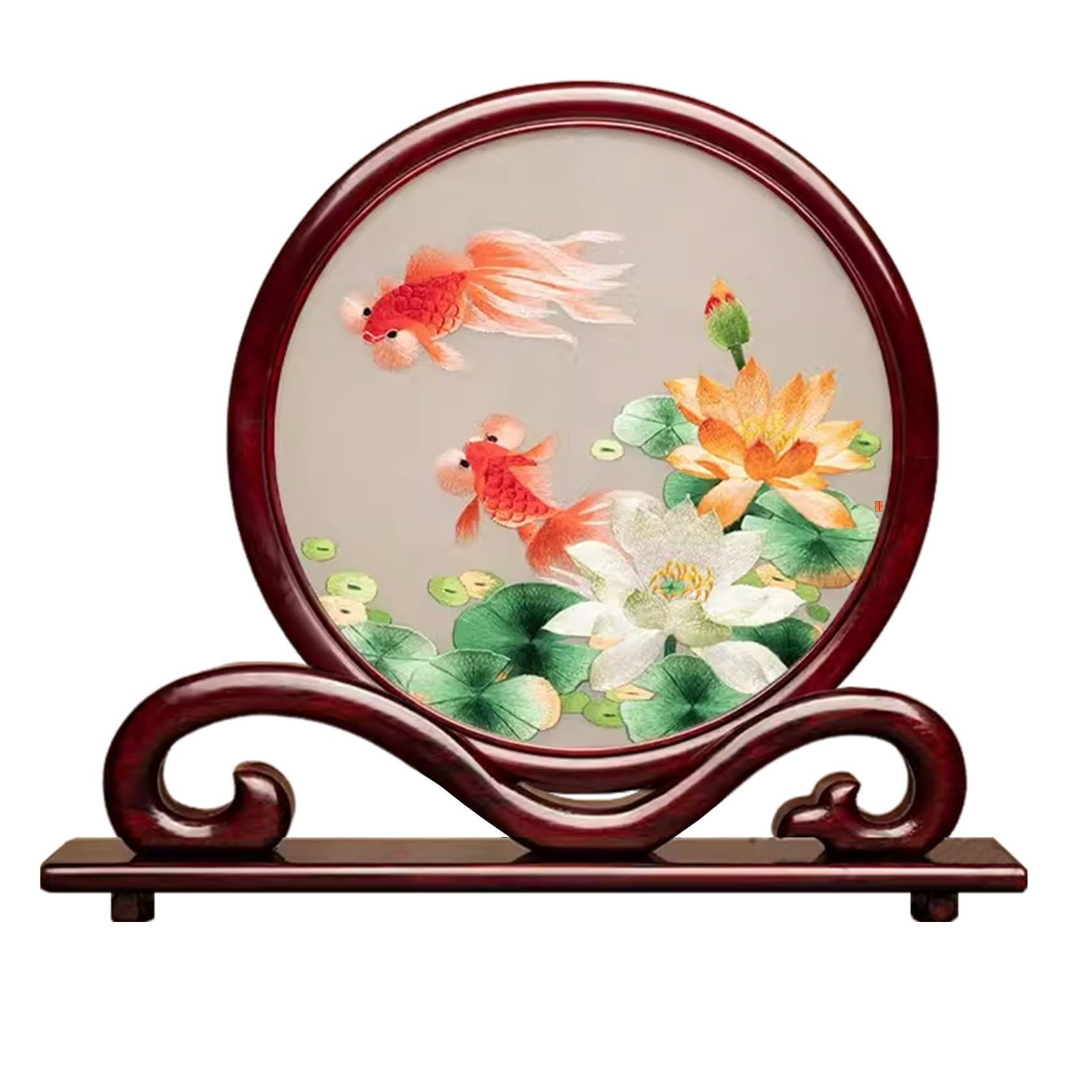 Amazon.co.jp: HangErFeng シルク両面刺繍 中国絵画 蓮 金魚柄