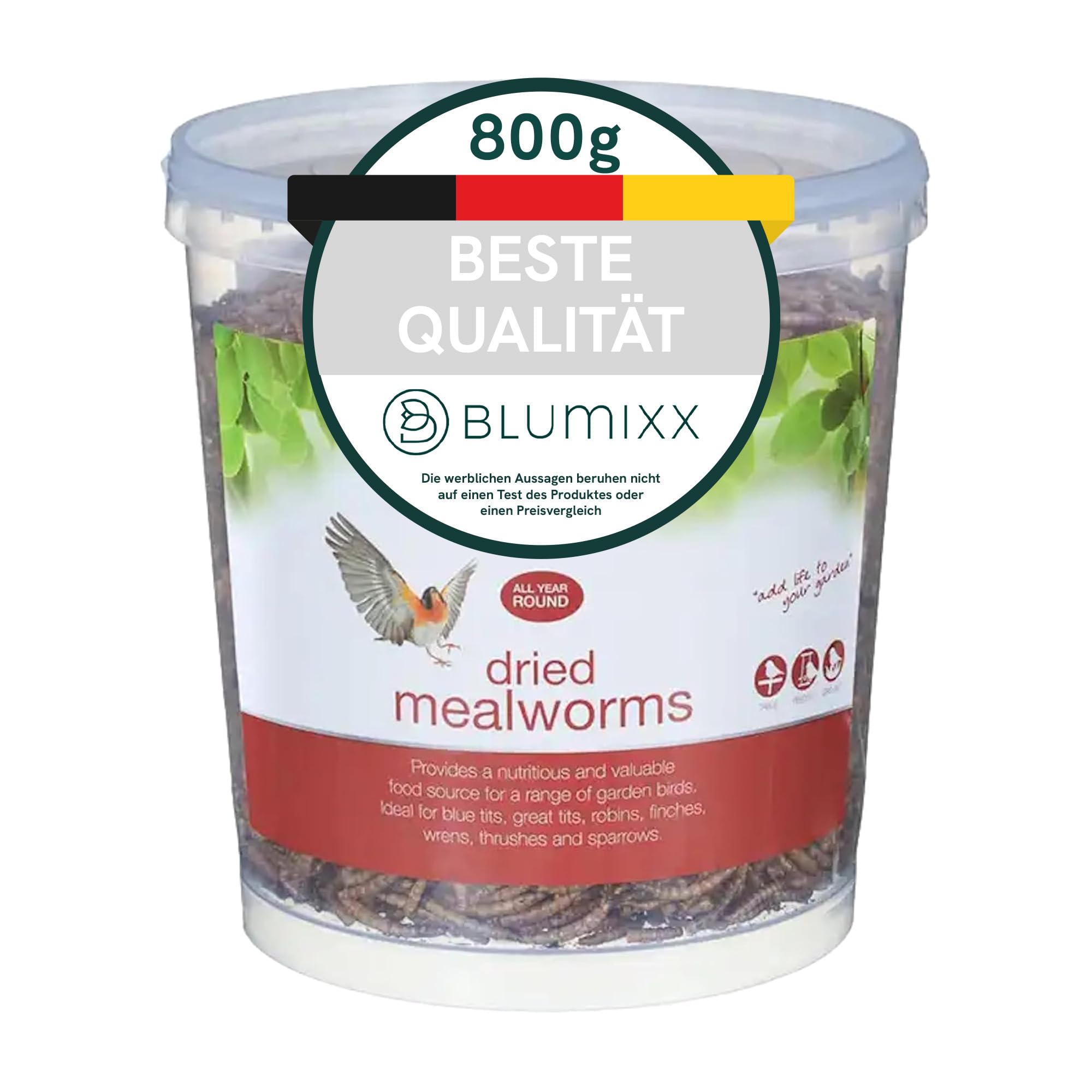 Blumixx Mehlwürmer für Wildvögel und Kleintiere – 800g Eimer, Getrocknet & Nahrhaft – Ideal für Vogelfutter im Winter und als Nahrungsergänzung für Haustiere