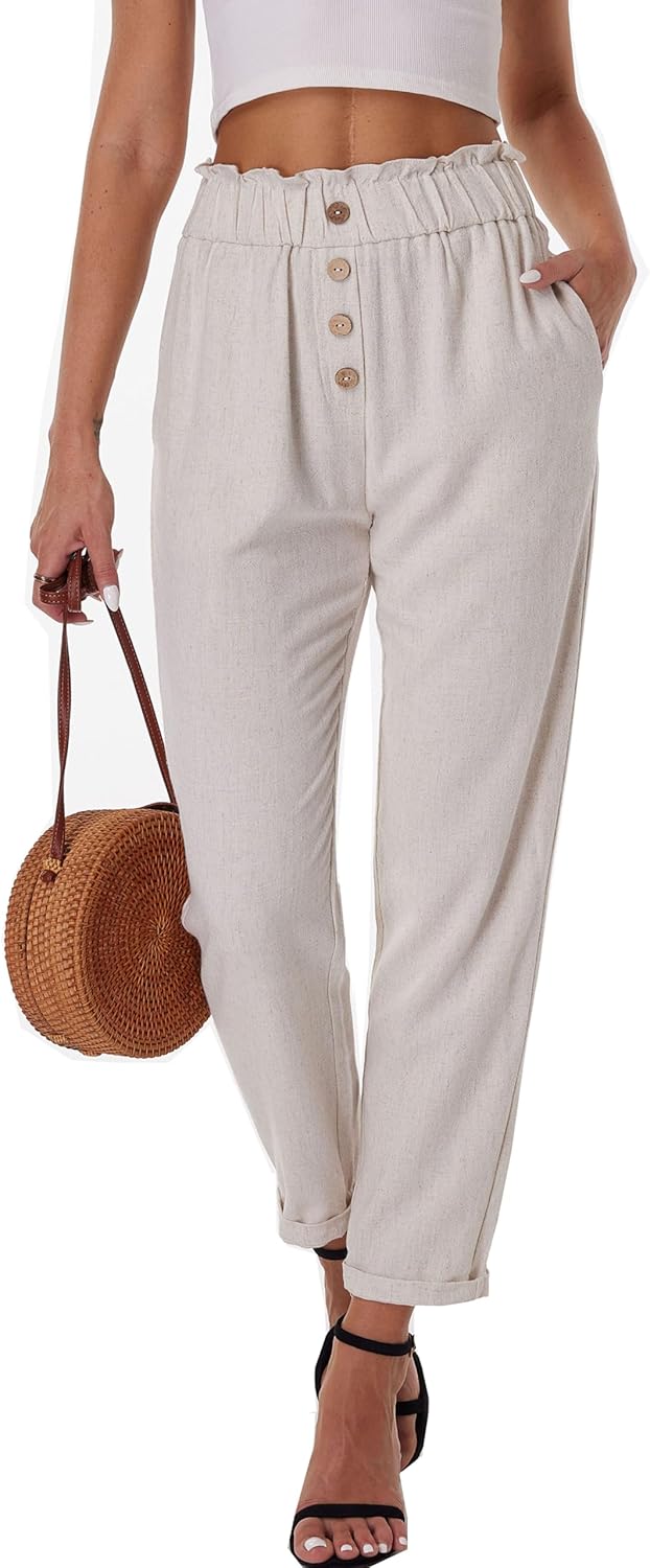 heipeiwa Women's Cotton Linen Casual Cropped Work Pants Summer Paper Bag Dressy Tapered Pants
