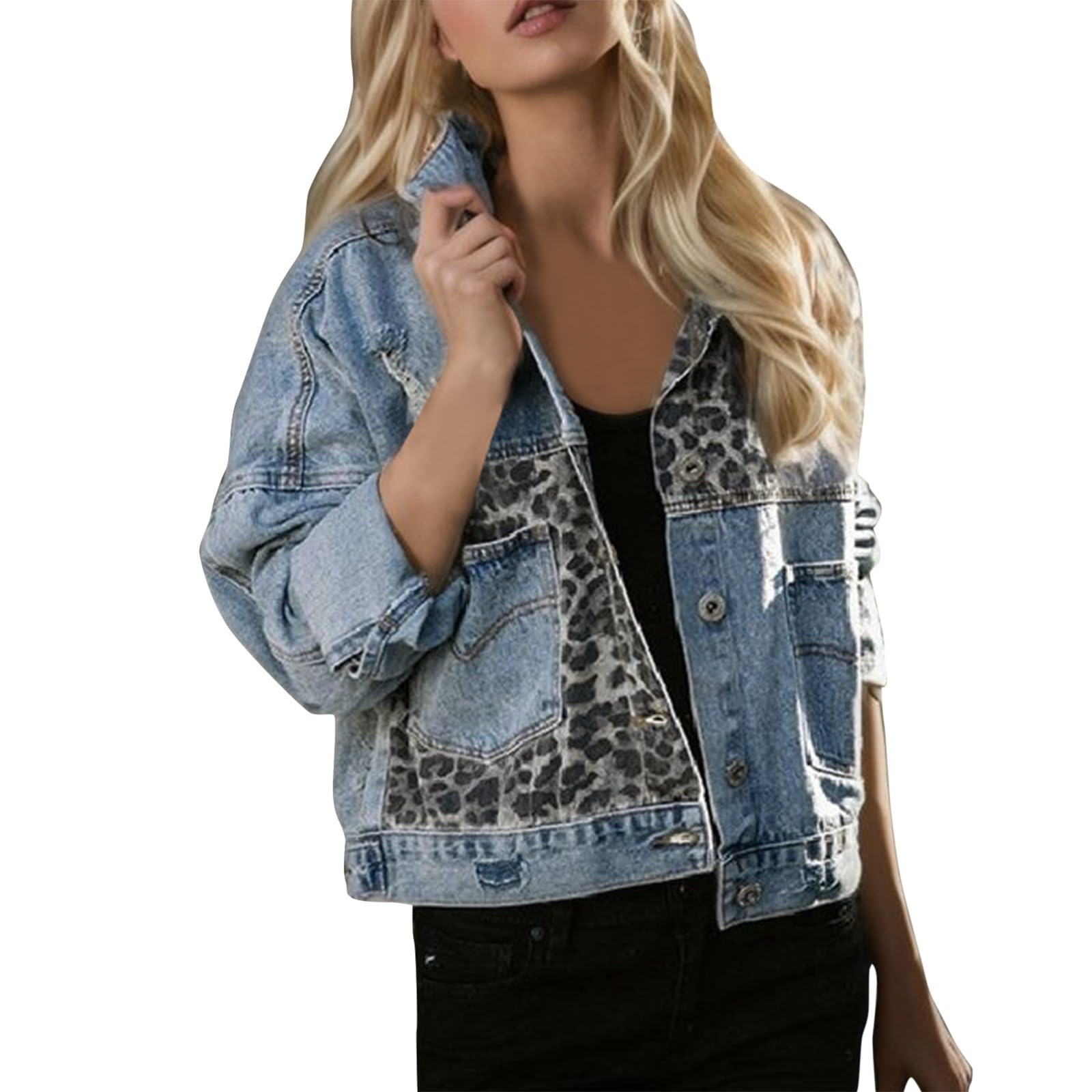 2024 Chaqueta Vaquera Mujer Moda Leopardo Manga Larga Chaqueta Abrigo con Bolsillos Jean otoño Primavera Casual Mezclilla Cardigan Botones Fiesta Vacaciones