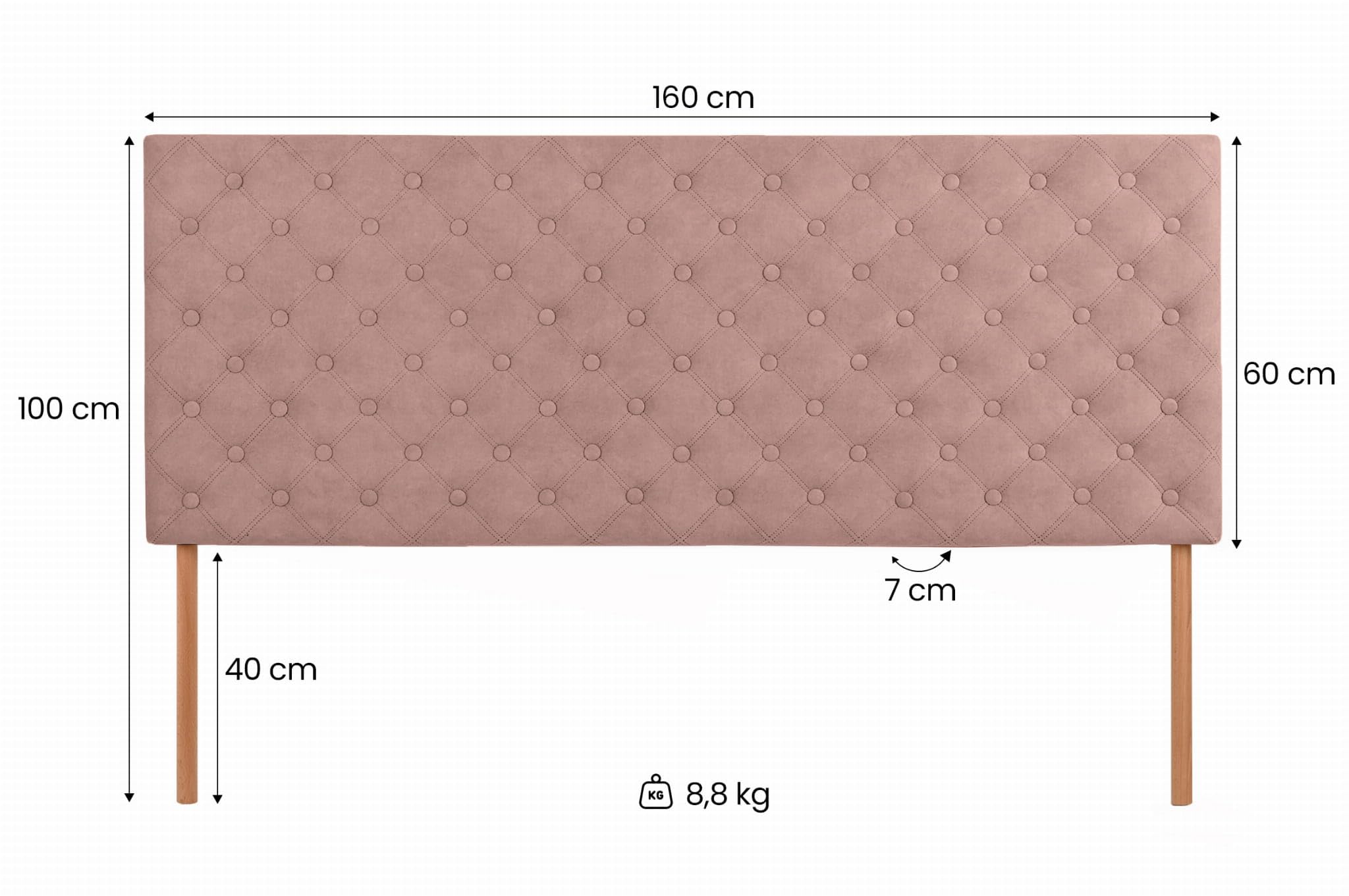 MG Design Tête de lit pour lit 160 x 60 cm rembourrée Rose avec Pieds en Bois – Appui-tête Facile à Monter, en Tissu Velours Doux, avec Rembourrage élastique, avec piqûres décoratives