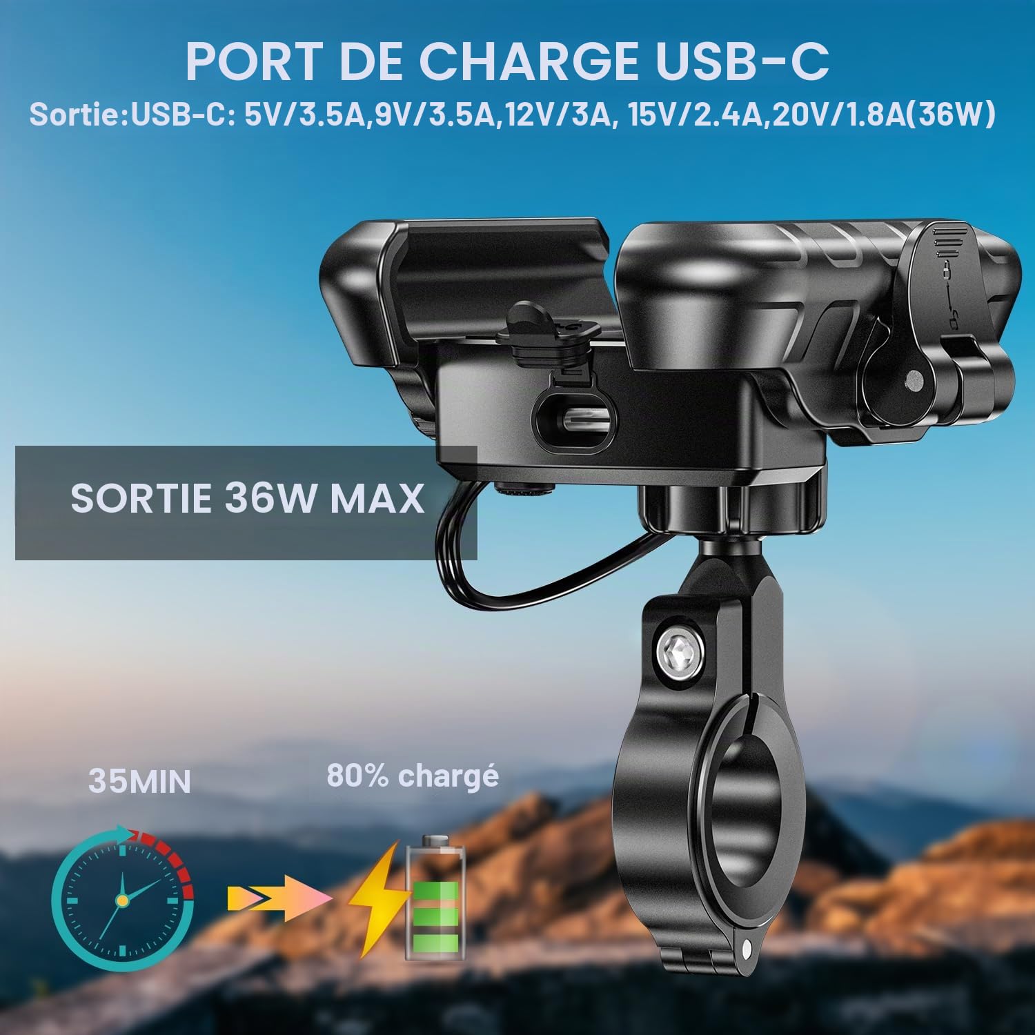 iMESTOU Support USB en aluminium pour moto avec charge rapide USB-C, convient pour téléphones de 13,7 à 18,3 cm jusqu'à 15 mm d'épaisseur, guidon 12''