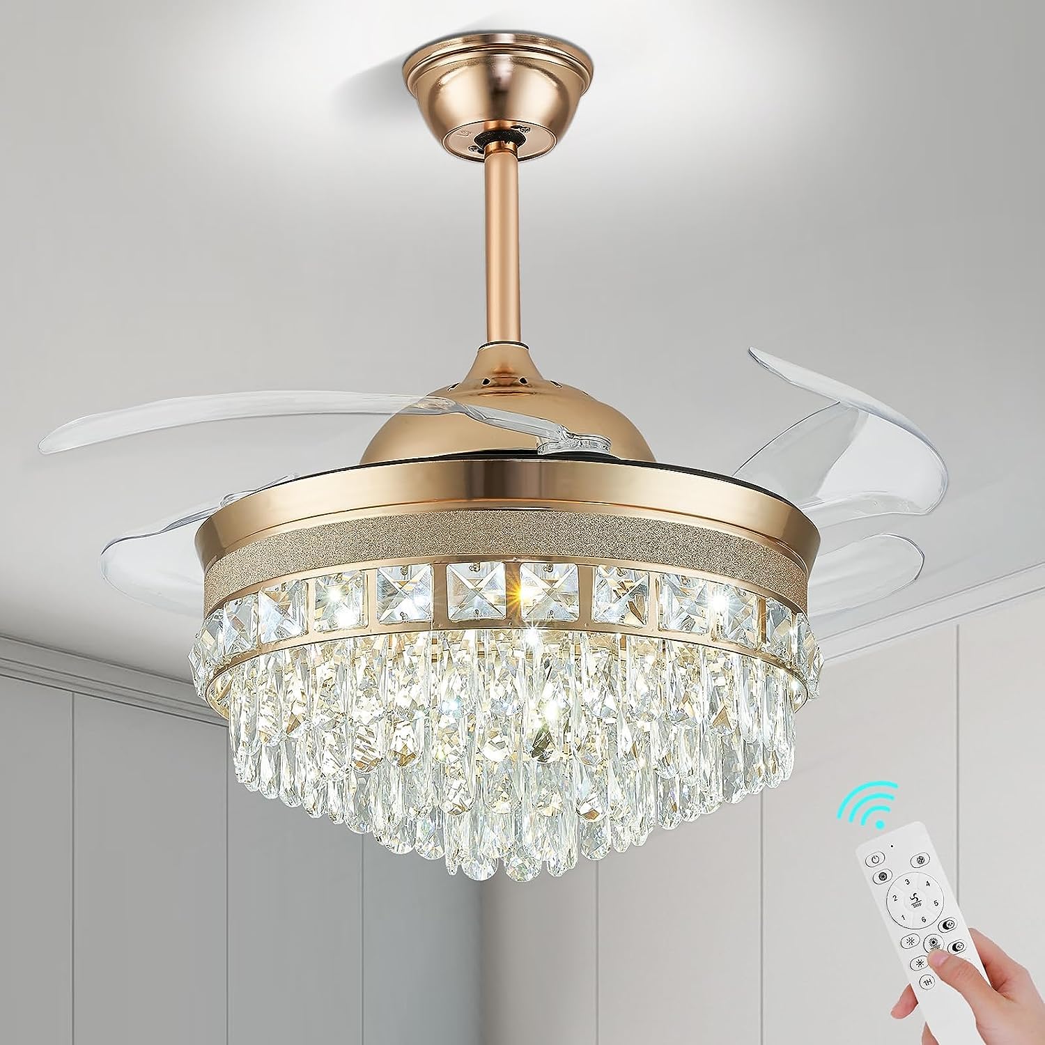 Jenvkoil 42" Dimmable Fandelier Modern Chandeleir Fan Crystal Ceiling Fans with lights and Remote Retractable 6 Speeds Fandelier for Bedroom Dining Room Kitchen