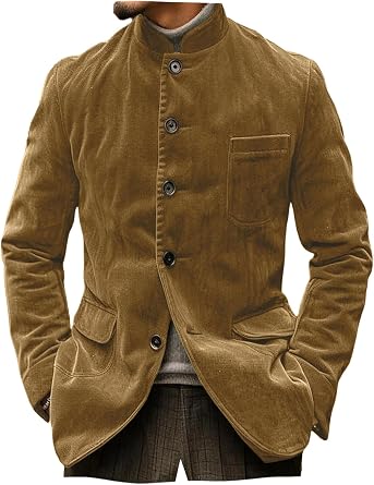 VENNYNG Mens Velvet Blazer Mandarin Stand Collar Suit Coat Autumn 5 Buttons Casual Jacket Fall Winter wear