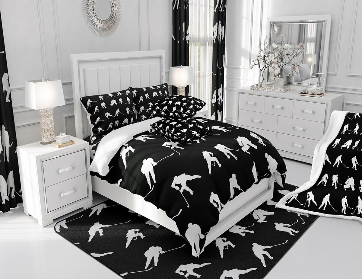 Feelyou King Size Ice Hockey Print Duvet Cover Boys Girls Hockey Player Bedding Set for Kids Soft Black White Comforter Cover Set Ball Game Bedspread Cover Room Decor Bedclothes Zipper