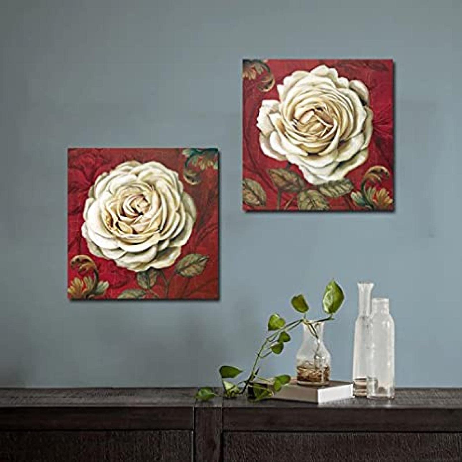 Cuadros de flores blancas y rojas 30x30cm para decorar con arte floral tu cocina