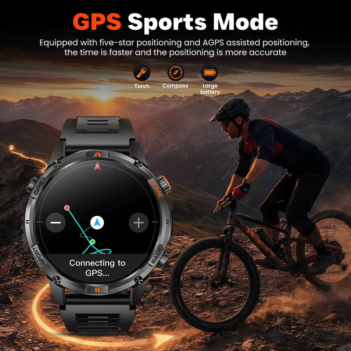 Montre Connectée Homme GPS Smartwatach: 1.46" HD Smart Watch Appel Bluetooth Fréquence Cardiaque SpO2 580mAh Batterie 100+ Modes Sportifs IP68 Etanche Surveillance Santé Torche LED pour iOS e Android