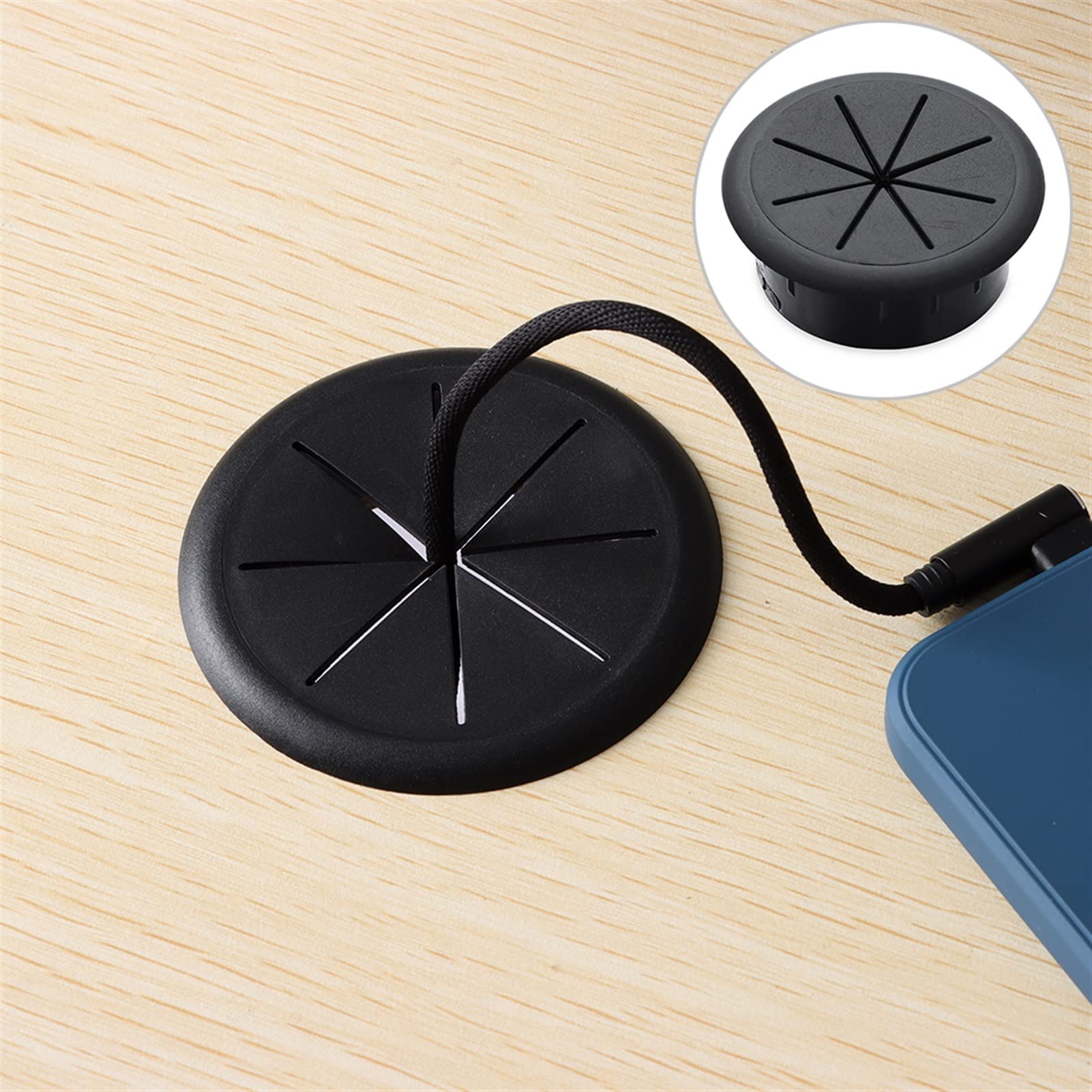 Passacavo da scrivania, 2 pezzi flessibile in silicone Copri foro for cavi Organizzatore di Passa attraverso la guarnizione rotonda Protettiva for cablaggio(Black,50mm)
