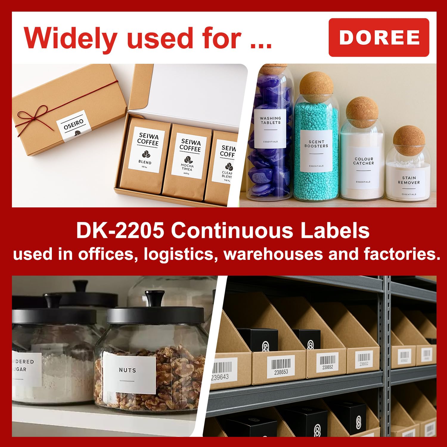 10 x DOREE DK-22205 Etichette Continue, Compatibili con Brother DK-22205,62 mm x 30,48m Rotolo di etichette, Per Stampante etichette Brother QL-500, QL-550, QL-570, QL-700, QL-800, QL-1050, QL-1100