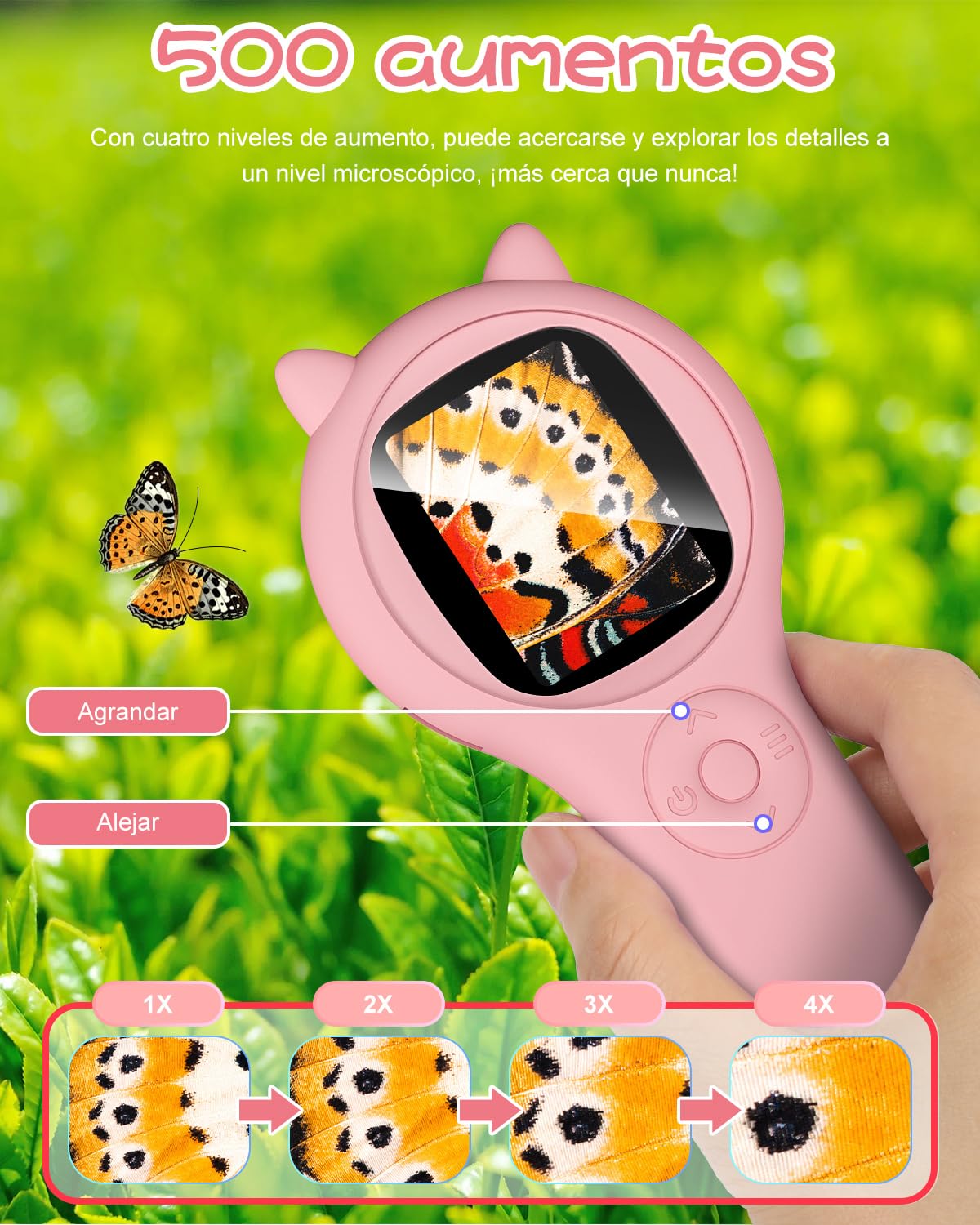 Microscopio para niños, Vankarr microscopio de Mano 500X con Pantalla IPS 2,0", Juguete Educativo de Bolsillo para el Mundo microscópico, para Ciencia, cumpleaños y Navidad, Rosa