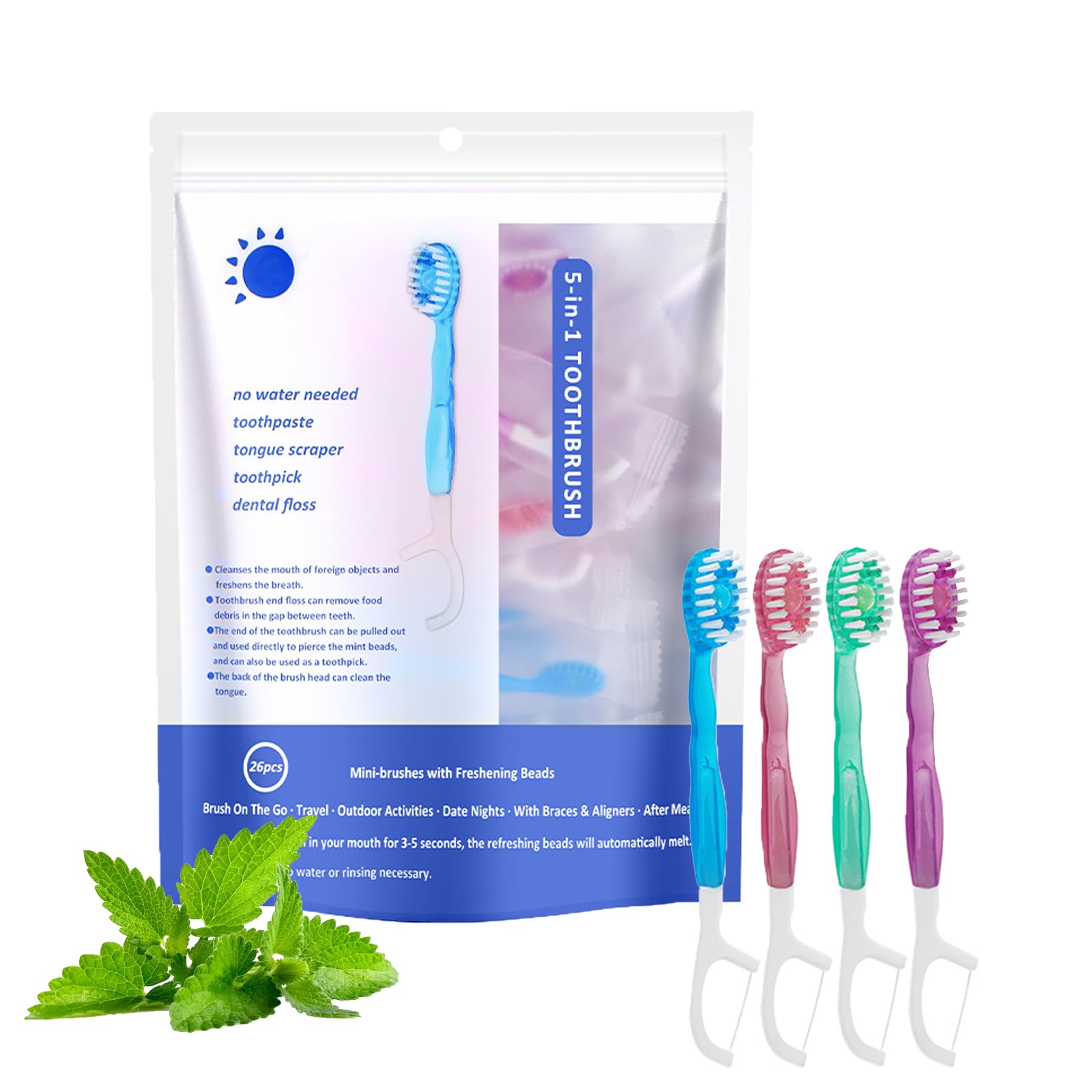 5 in 1 Mini Toothbrush & Floss & Tongue Scraper & Toothpick Set, 5 in 1 Toothbrush & Floss, Disposable Toothbrushes with Toothpaste, Portable Oral