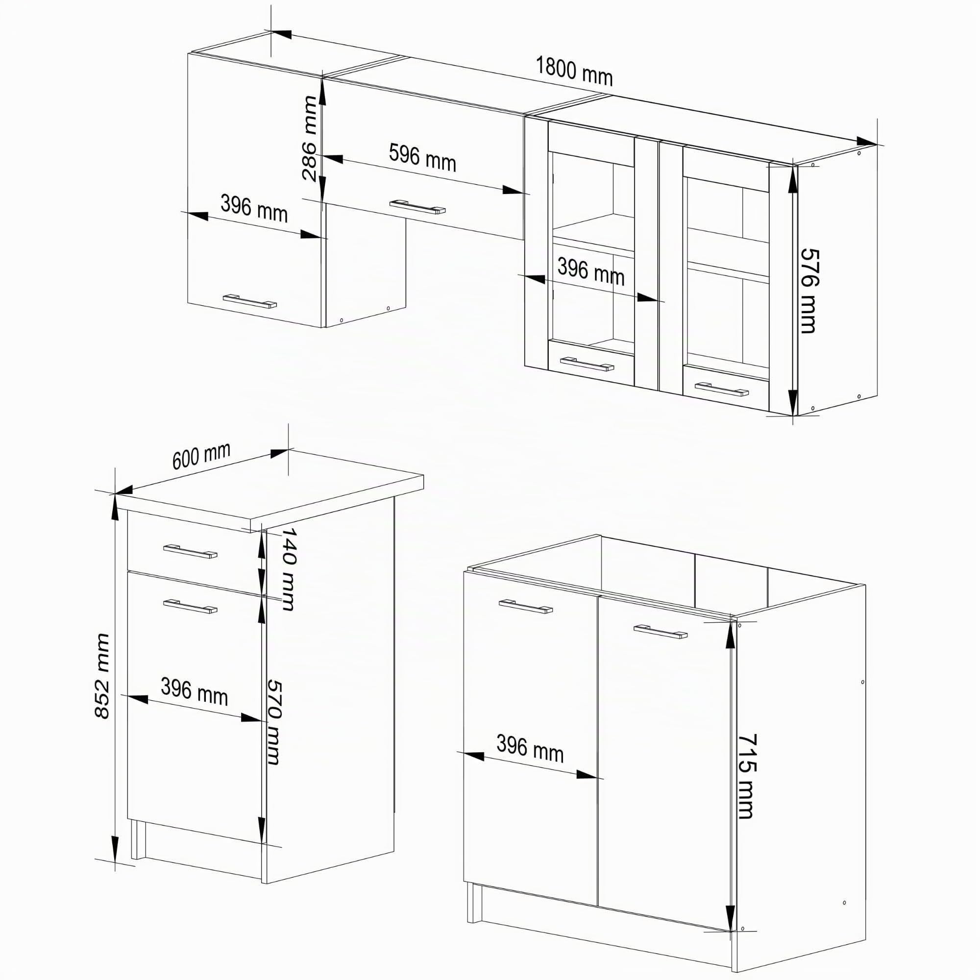 AKORD Küchenmöbel-Set OLIWIA 1.8m Modulares 180 cm 7 Türen 1 Schublade 8 Regalböden, Küche Komplett, Kitchen Cabinet Set, Küchenschränke, Standschränke, B180xH203xT46 cm, Beton & Beton