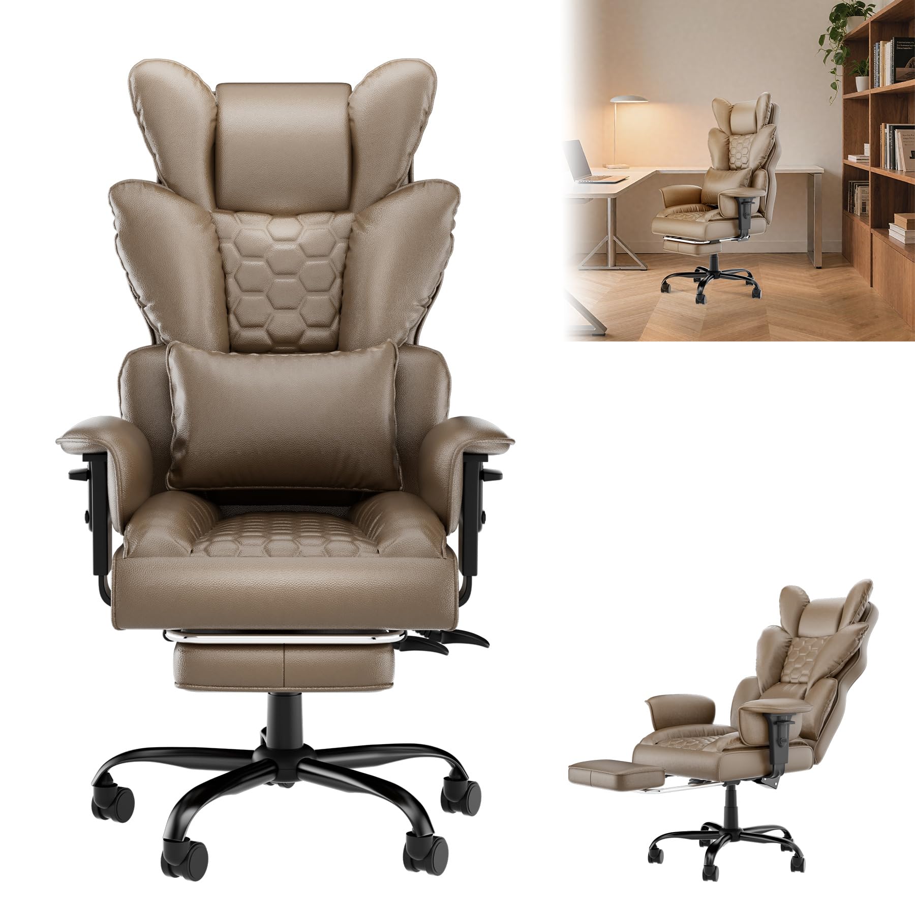 LZQ Ergonomischer Bürostuhl Leder Chefsessel mit Fußstütze, Gaming Stuhl Computerstuhl aus PU, 90-150° Verstellbare Rückenlehne, Höhenverstellbare Armlehnen, 150kg Belastbar für Büro, Braun