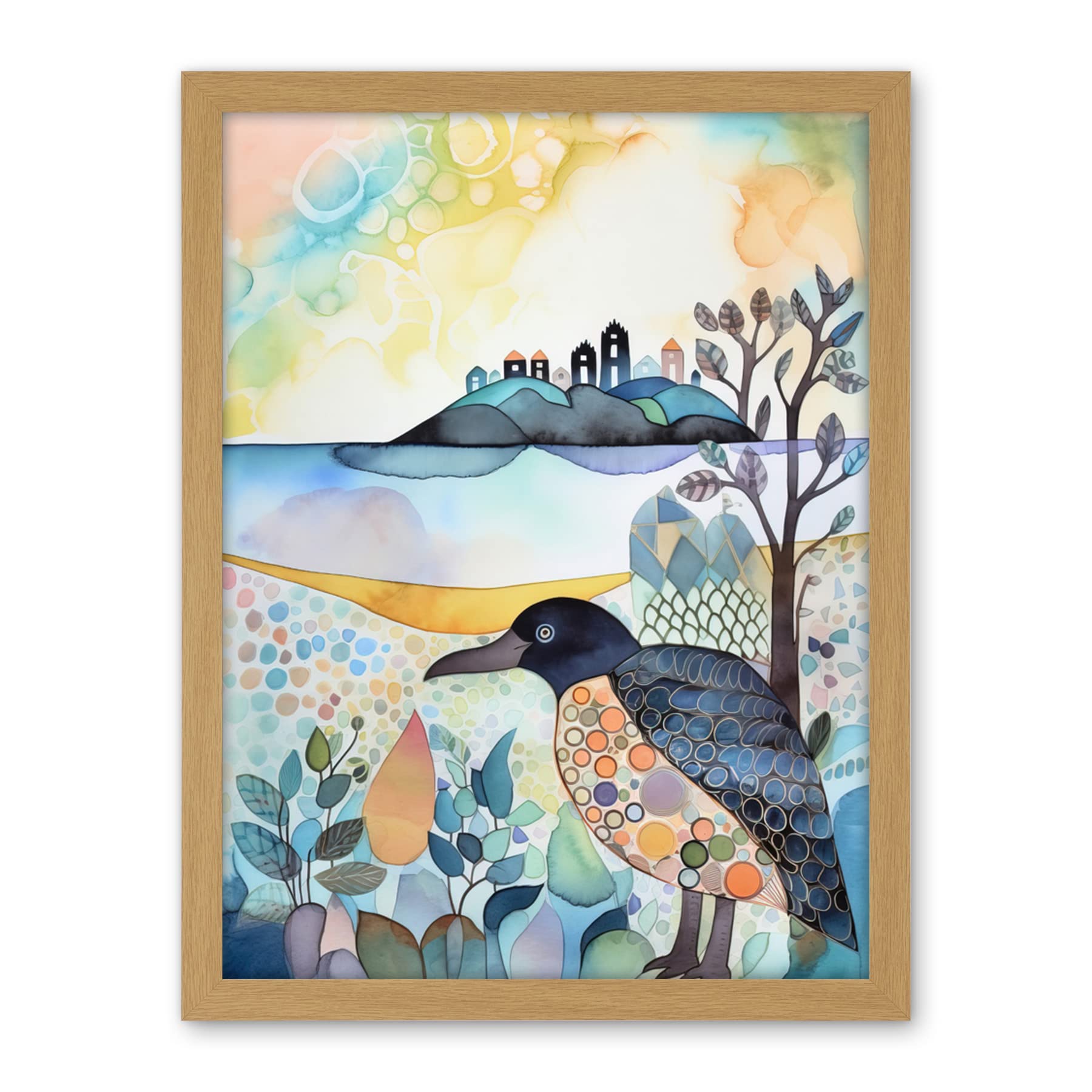 Artery8 Coastal Island Wildlife Folk Art Watercolour Painting Artwork Framed Wall Art Print 18X24 Inch