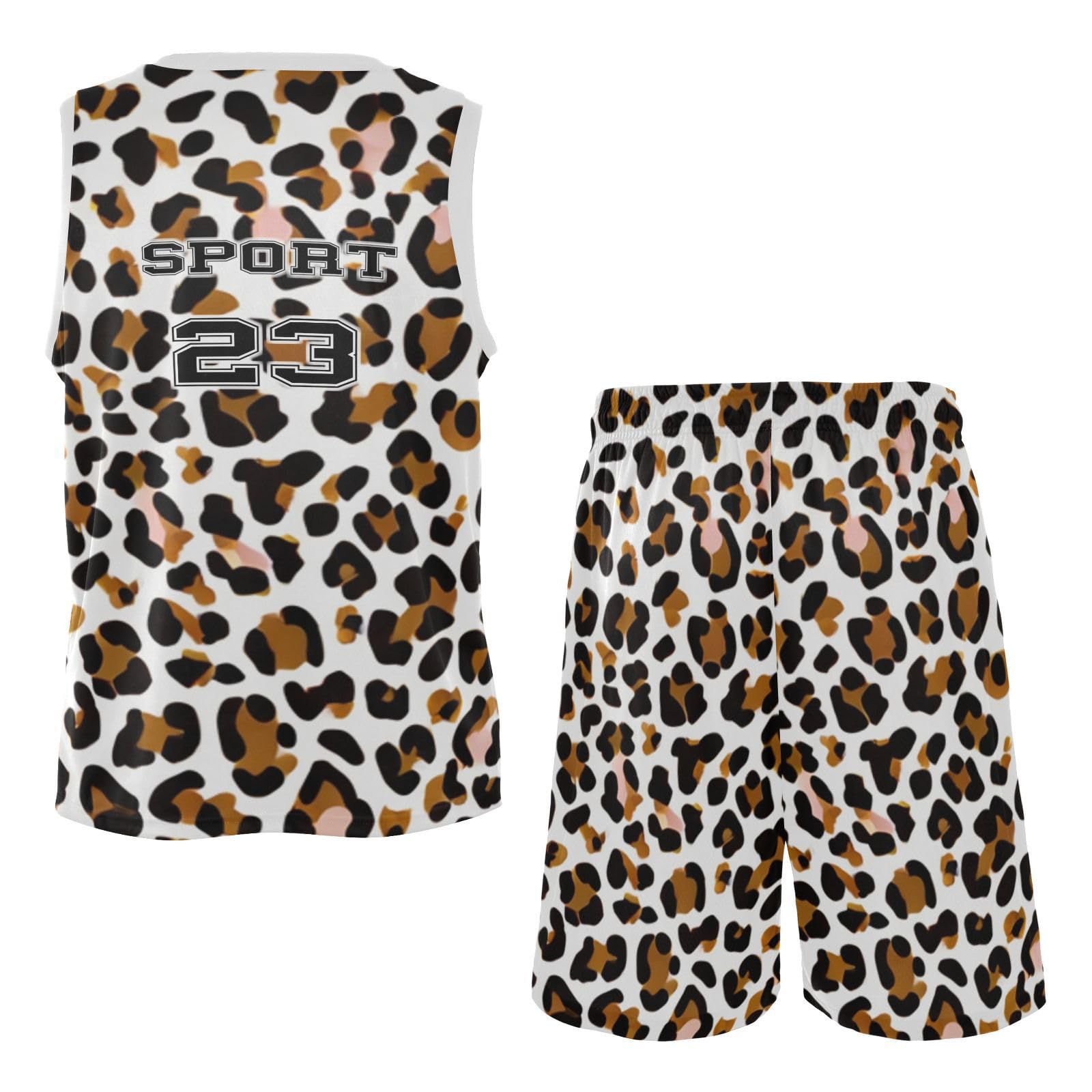 FLildon Leopard White Brown Boys Basketball Jersey Set Tank Top Shorts Tracksuit Sport Training Suit for Kids, XXL