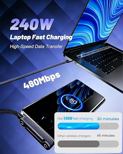 Miniatura 6 de Cargador de soporte invisible con soporte, cable de carga rápida 2 en 1 de 240 W con soporte integrado, cable de carga trenzado de nailon invisible