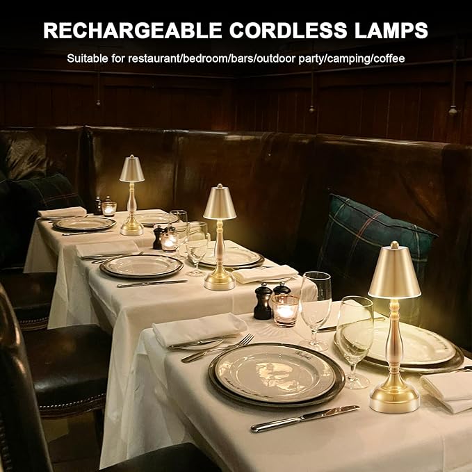 INTELIVE LED Cordless Rechargeable Table Lamp, Small Battery Operated Brass Lamp for Restaurant Dining Dinner Table Countertop, Portable Metal Touch Dimmable Table Light for Bedside Bars Patio Outdoor photo 2