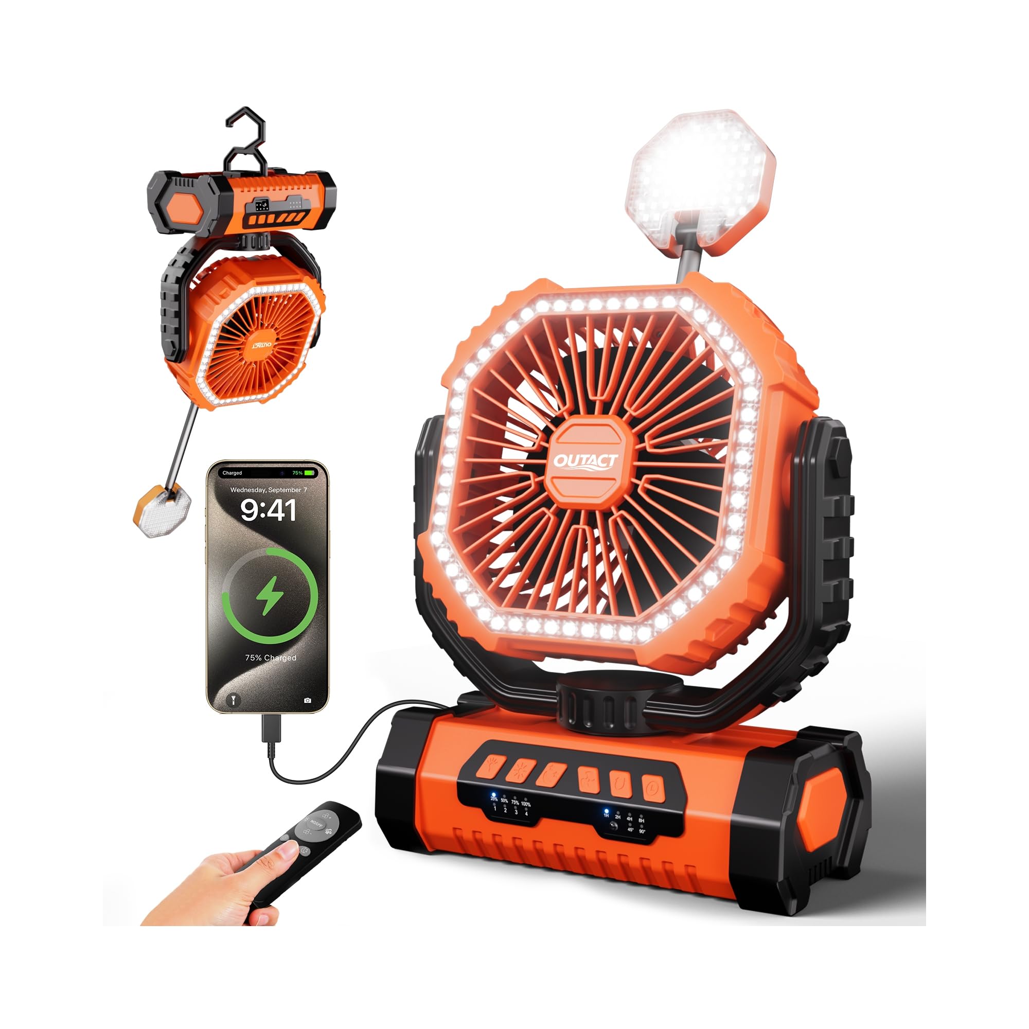 Camping Ventilator 20000mAh, Wiederaufladbarer Tischventilator USB Ventilator mit LED Licht & Haken, 270° Drehung mit Fernbedienung, Camping Fan für Indoor, Outdoor, Zelt, Grillen, Strand - Orange