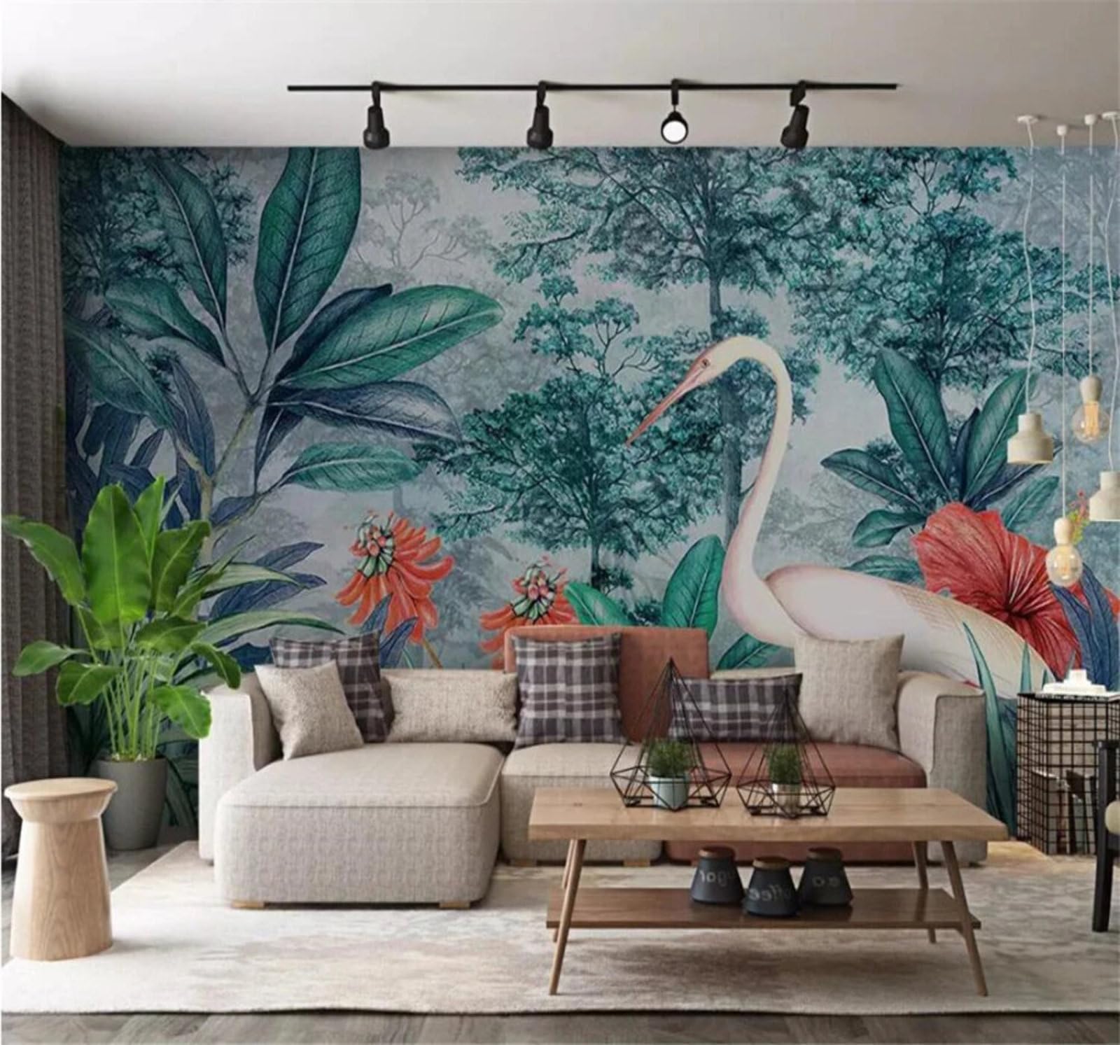 Xlming 300Cm×210Cm(B×H) Hand Drawn Fresh Botanical Banana Leaves Flamingos 3D Wallpaper Luxury Home Dining Decor Paste Sofa Living Room The Wall For Bedroom Mural-300Cm×210Cm