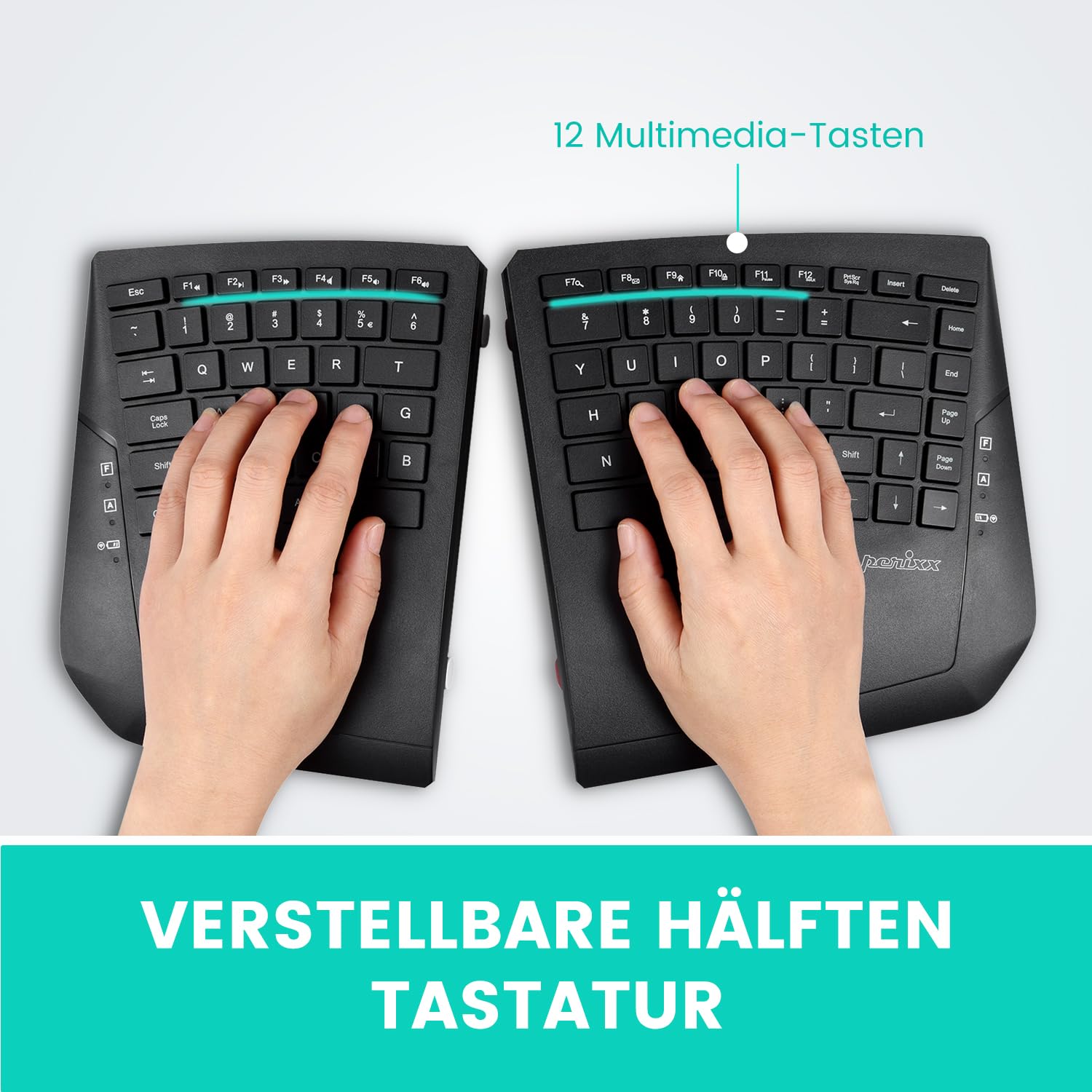 Perixx PERIBOARD-624B - bezprzewodowa ergonomiczna klawiatura, dzielona konstrukcja, TKL, regulowane nachylenie - QWERTZ