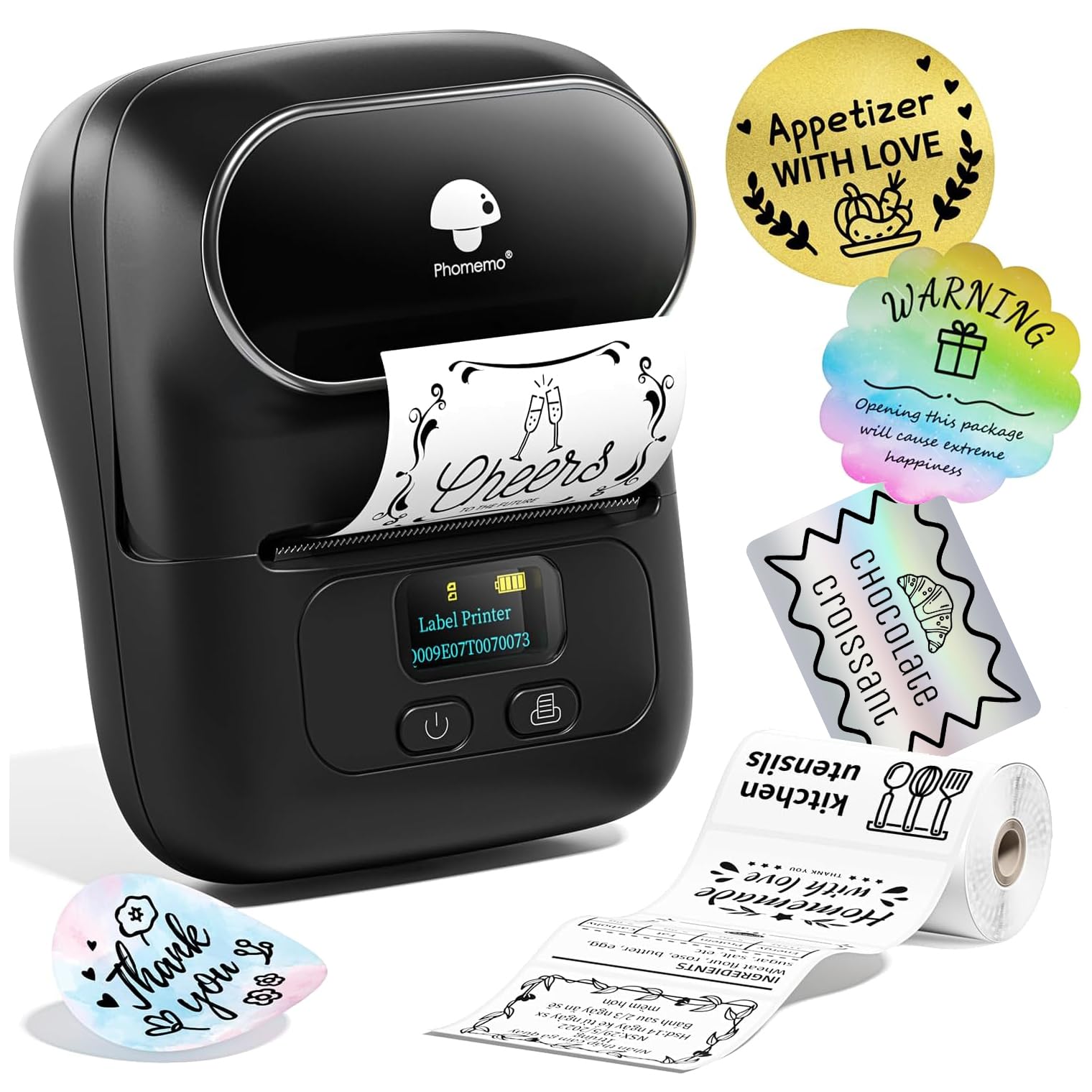 Phomemo M110 Label Maker Machine with Tape Thermal Label Printer | Bluetooth Address Printer Stcker Printer for Small Business Office Home School Supplies Kids Name Labels Ebony Black