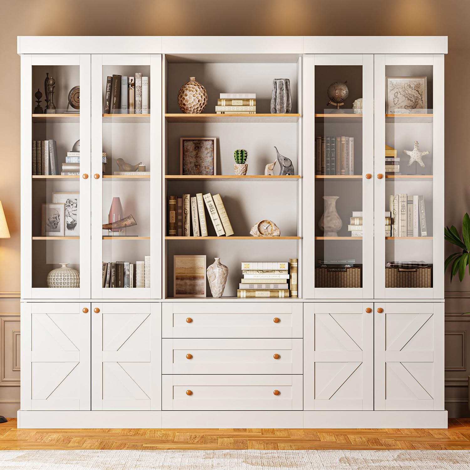 ivaniti 71" Farmhouse Bookcase with Glass Doors &amp; Drawers, Tall Wooden Storage Cabinet with Adjustable Shelves for Living Room, Kitchen, Home Office, Dining Room, White, Set of 3