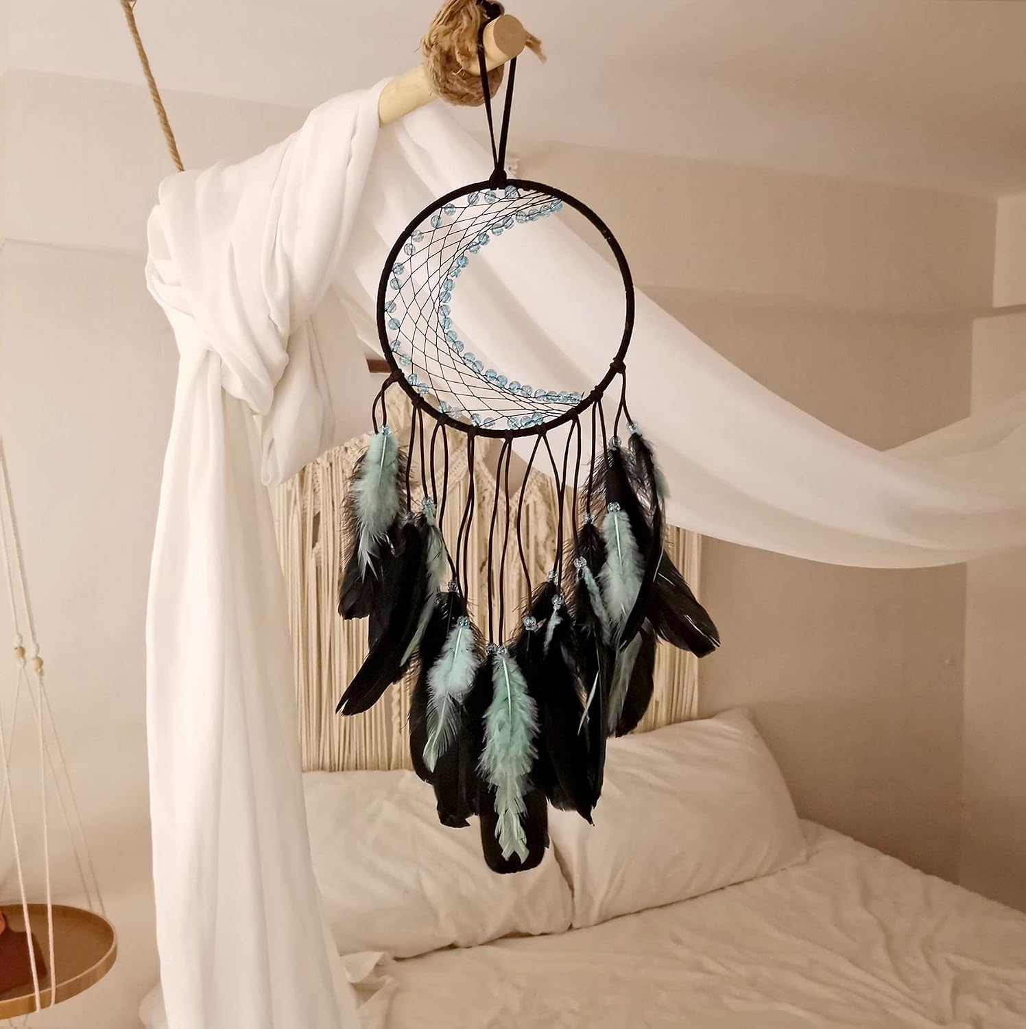 Dream Catchers, Moon Dream Catcher with Candy Beads Wall Hanging Ornament, Blue Black Handmade Feather Decoration for Kids Bedroom Home, Art Craft Gift (Moon-Blueblack)
