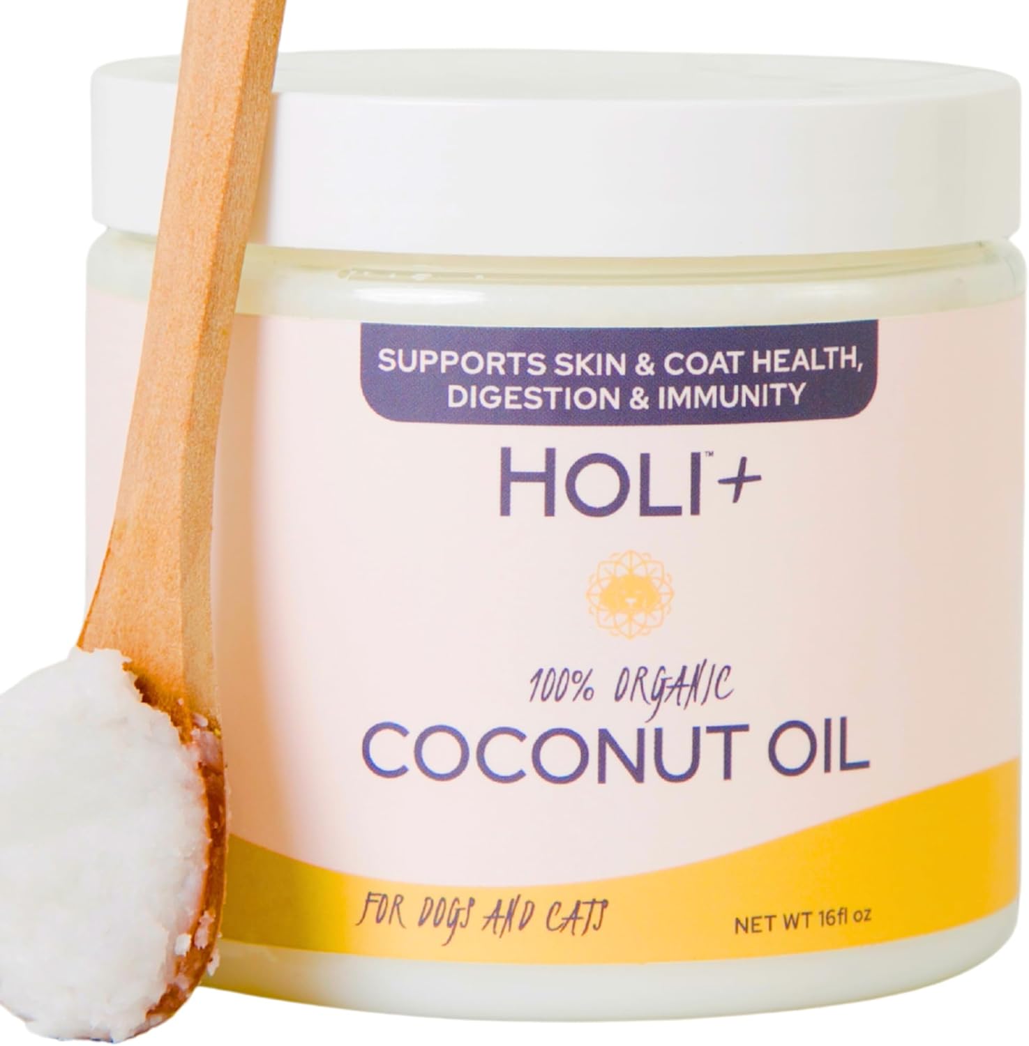 HOLI 100% Organic Coconut Oil for Dogs & Cats – Cold-Pressed Coconut Oil for Dogs Skin & Coat, Itchy Skin, Hot Spot Relief & Paw Balm – MCT Lauric Supplement, Non-GMO, Pet Safe - 16oz