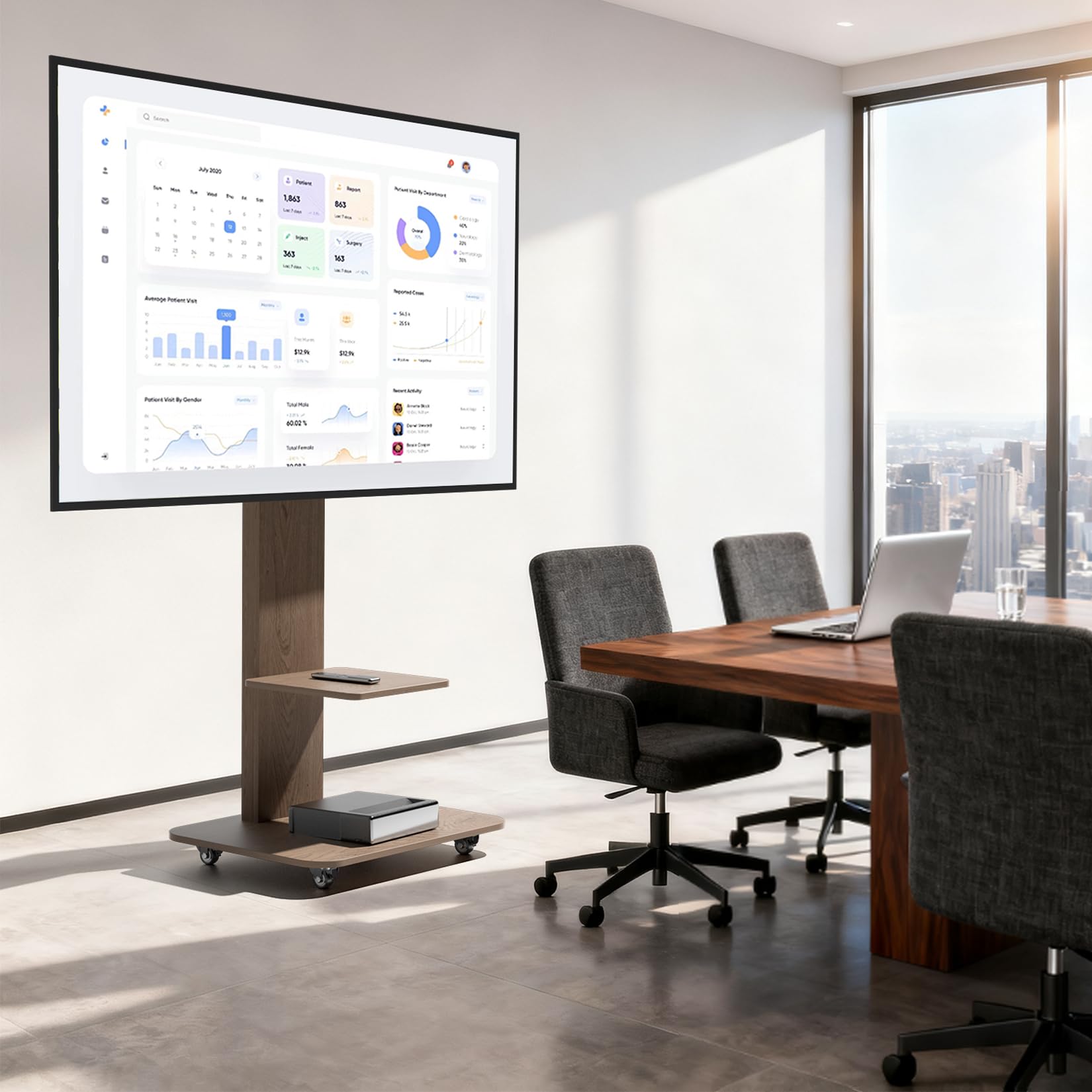 UNHO Soporte TV con Ruedas de Madera para 40-75 Pulgadas, Inclinación ±10° | Soporte Televisión Suelo Ajustable en Altura para LCD/LED, 2 Estantes, VESA 200x300 - 600x400 mm, Hasta 60 kg