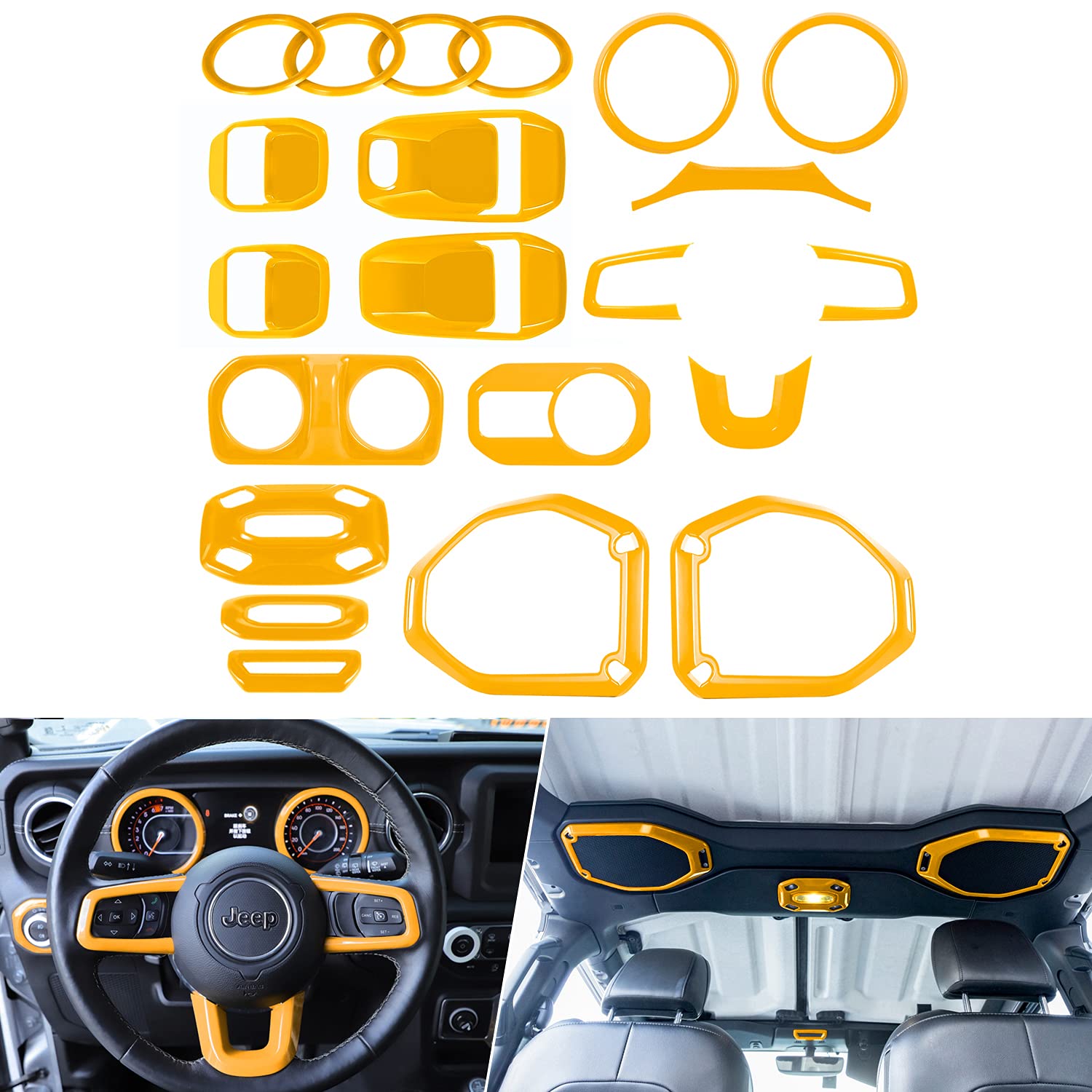 21 PCS Interior Decoration Trim Kit Fits for Jeep Wrangler JL JT 2018-2021 2&4-Door - Door Handle Bowl Cover, Dashboard Panel Trim, Roof Speaker Frame&Reading Light Trim (Yellow)