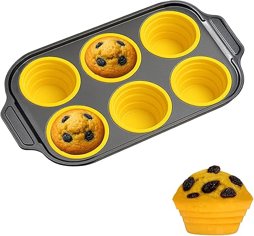 Molde de silicona para magdalenas para hornear con marco de metal, antiadherente, 6 tazas de silicona para magdalenas, bandeja para magdalenas,