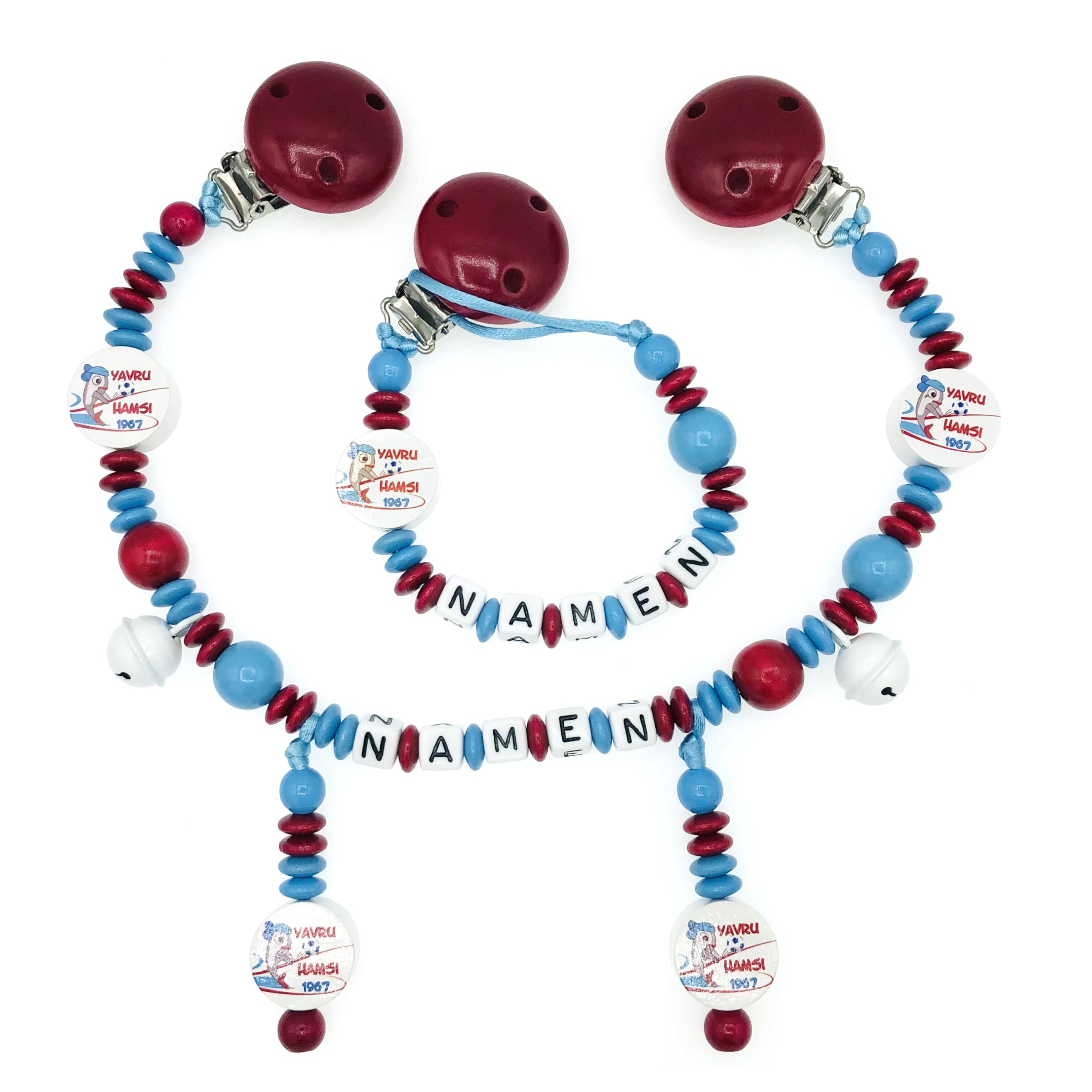 Set Nuckelkette + Kinderwagenkette mit Namen " für TRABZONSPOR Fan - YAVRU HAMSI " Skybalu Bordeauxrot/Baby/Unisex/Personalisiert/HANDMADE