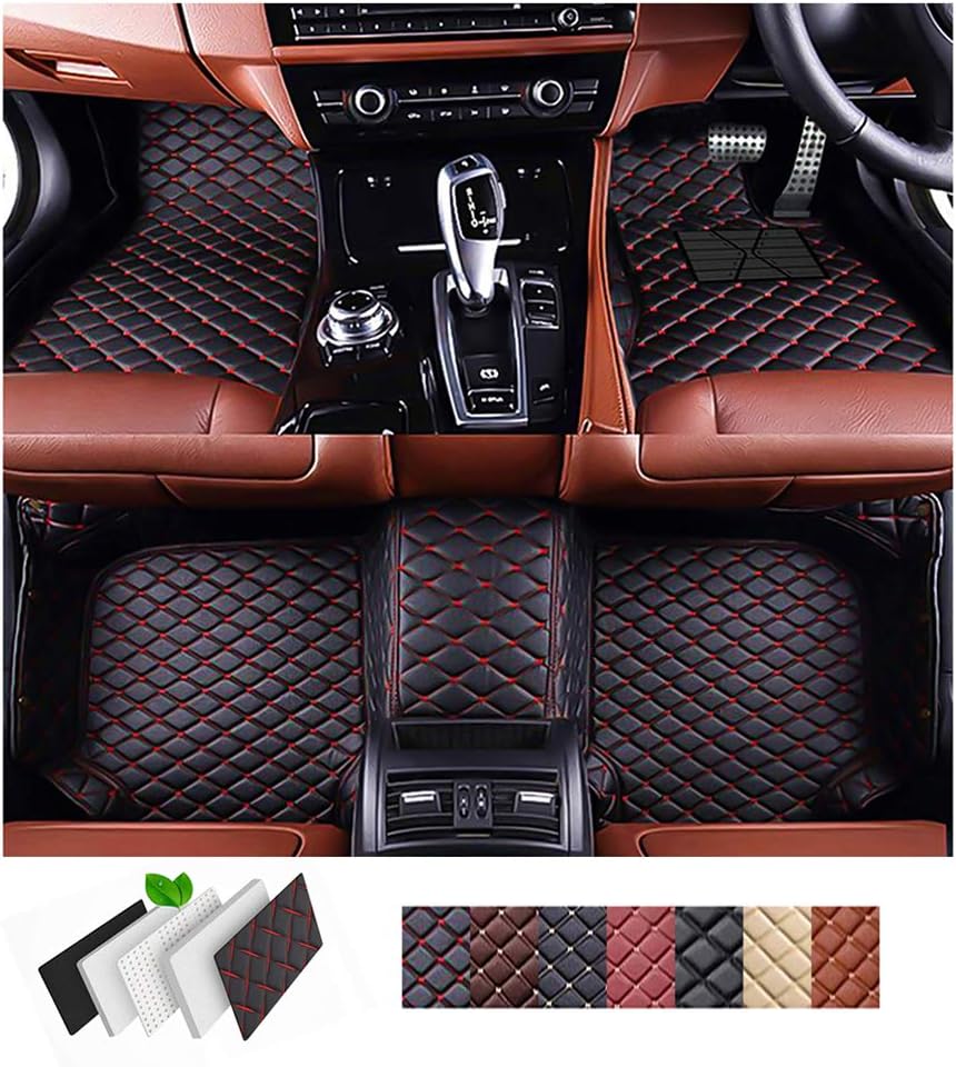 Mandlon Car Floor Mats for Nissan Patrol Y62 2010-2018 - 7 Seats Custom Fit Artificial Leather 3D Car Carpets Mats (black with red stitching)