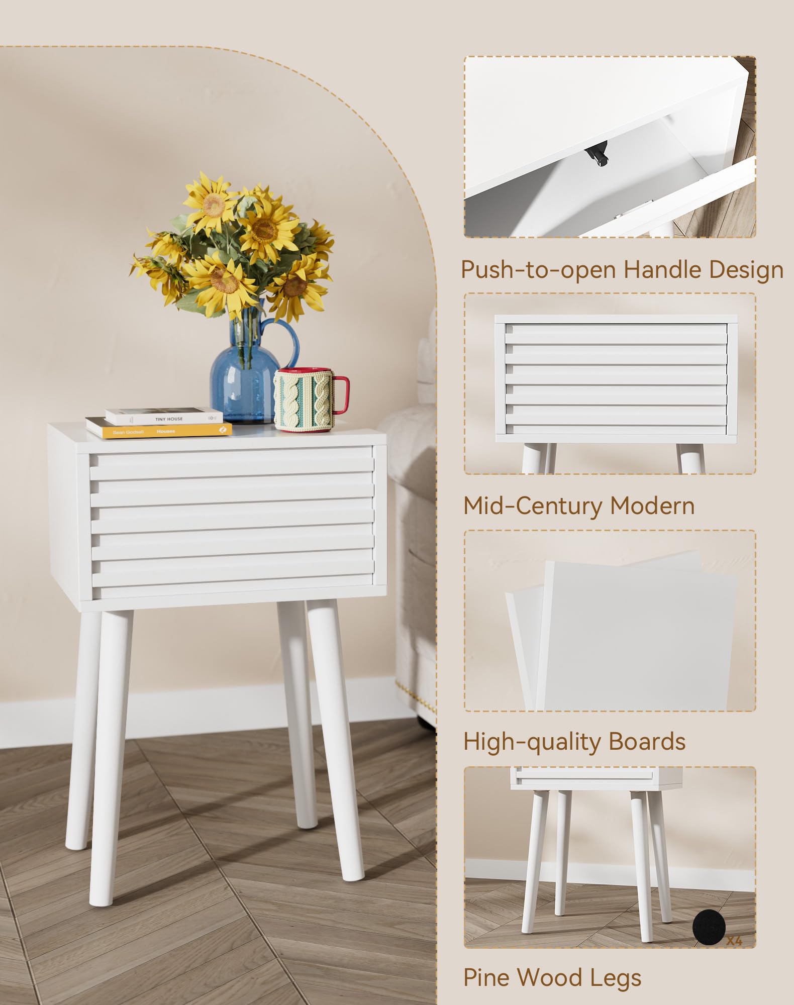 YMYNY Nachttisch 2er Set, Beistelltisch, Mid-Century-Modern Nachtschrank mit Drucktüröffner, Massivholz Beinen, 35x27x53 cm, Sofatisch, Couchtisch für Wohnzimmer, Schlafzimmer Weiß HST018W-2