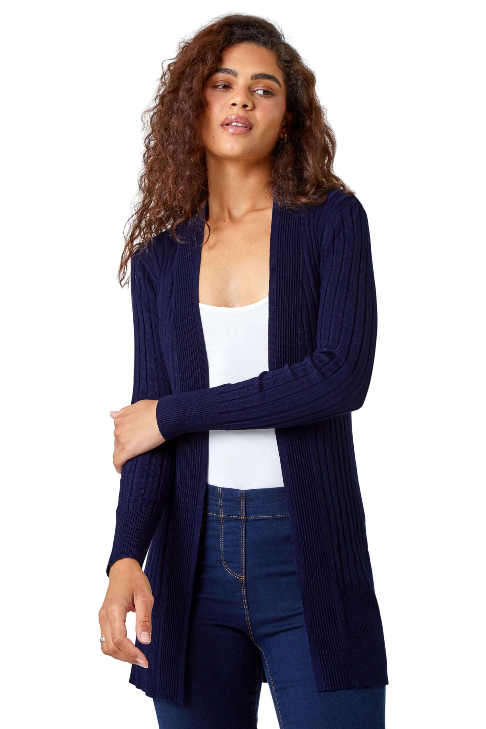 Roman Originals Women's Midnight Blue Ribbed Edge To Edge Cardigan For Uk - Autumn Everyday Winter Holiday Pull-On Long Sleeves Comfy Soft Vacation Work - Size 18