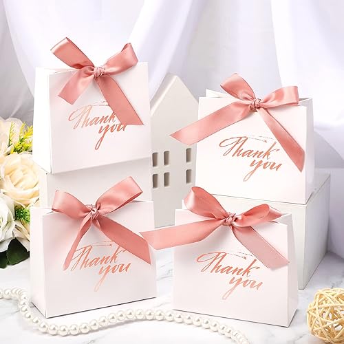 Miniatura 4 de Paquete de 32 pequeñas bolsas de regalo de agradecimiento con lazo de oro rosa, bolsas de regalo de boda, mini papel blanco, caja de agradecimiento