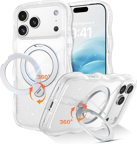 QuantumKoo for iPhone 17 Pro Max Case with 360° Magnetic Stand, Clear Glitter Cu
