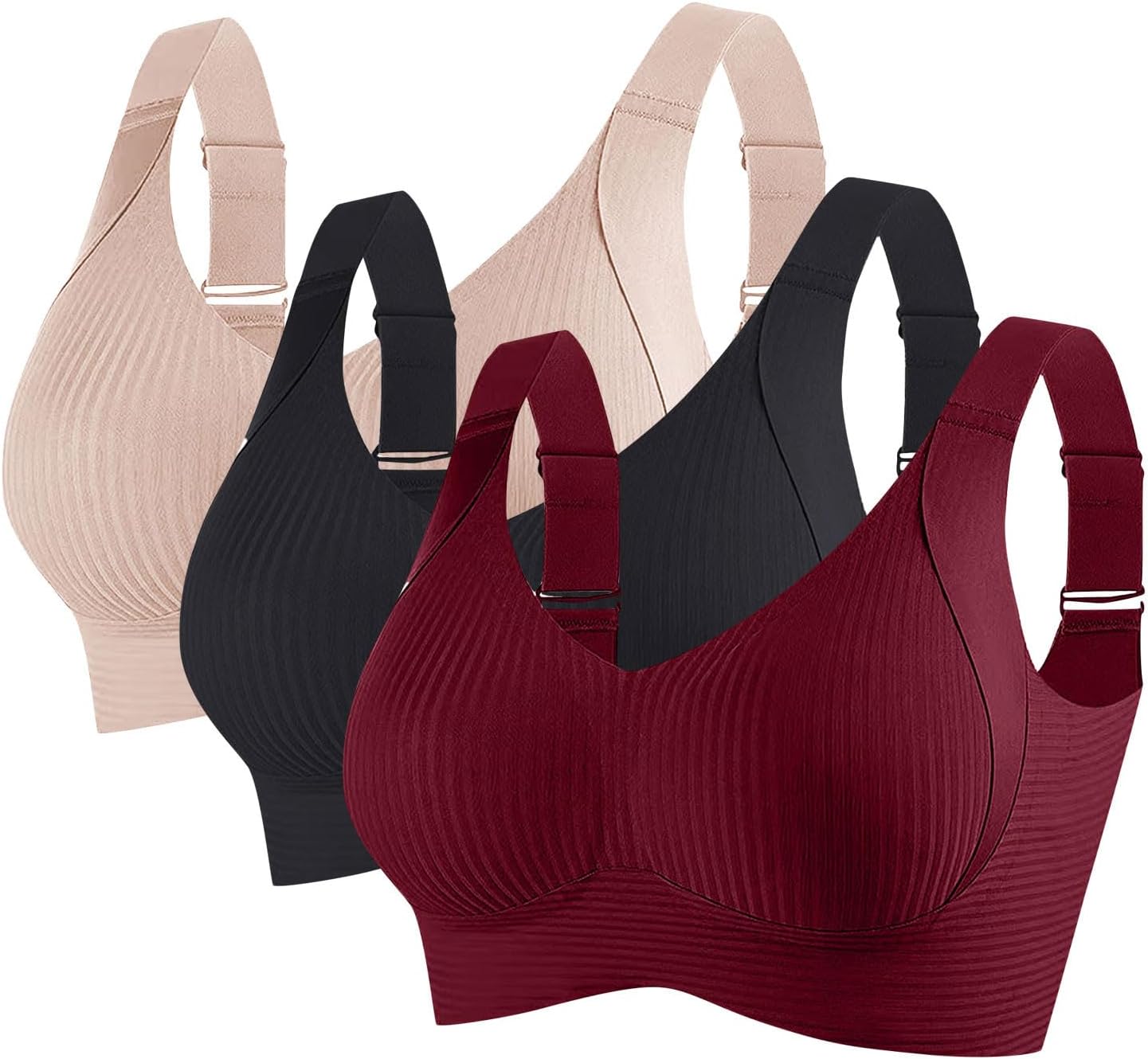 3PC Womens Wireless Bras No Underwire Push Up Bra Seamless Ribbed Cozy Full Coverage Adjustable Straps Everyday Bra