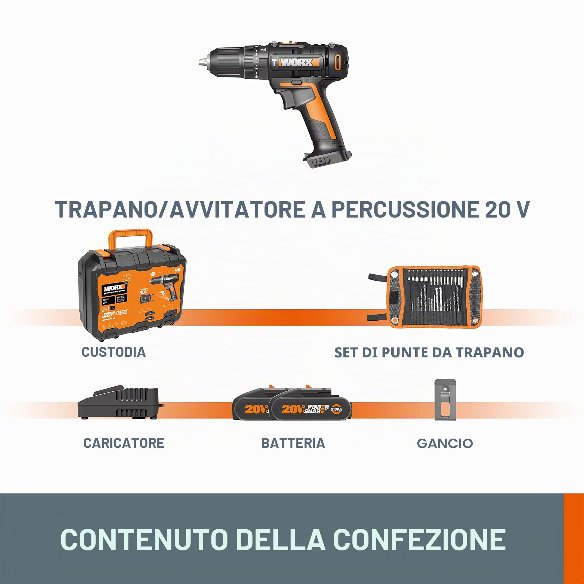 WORX Trapano avvitatore a percussione senza fili 18/20 V WX370, PowerShare, 50 Nm, 2 x 2,0 Ah, 30 punte, 2 vel. var., mandrino 13 mm
