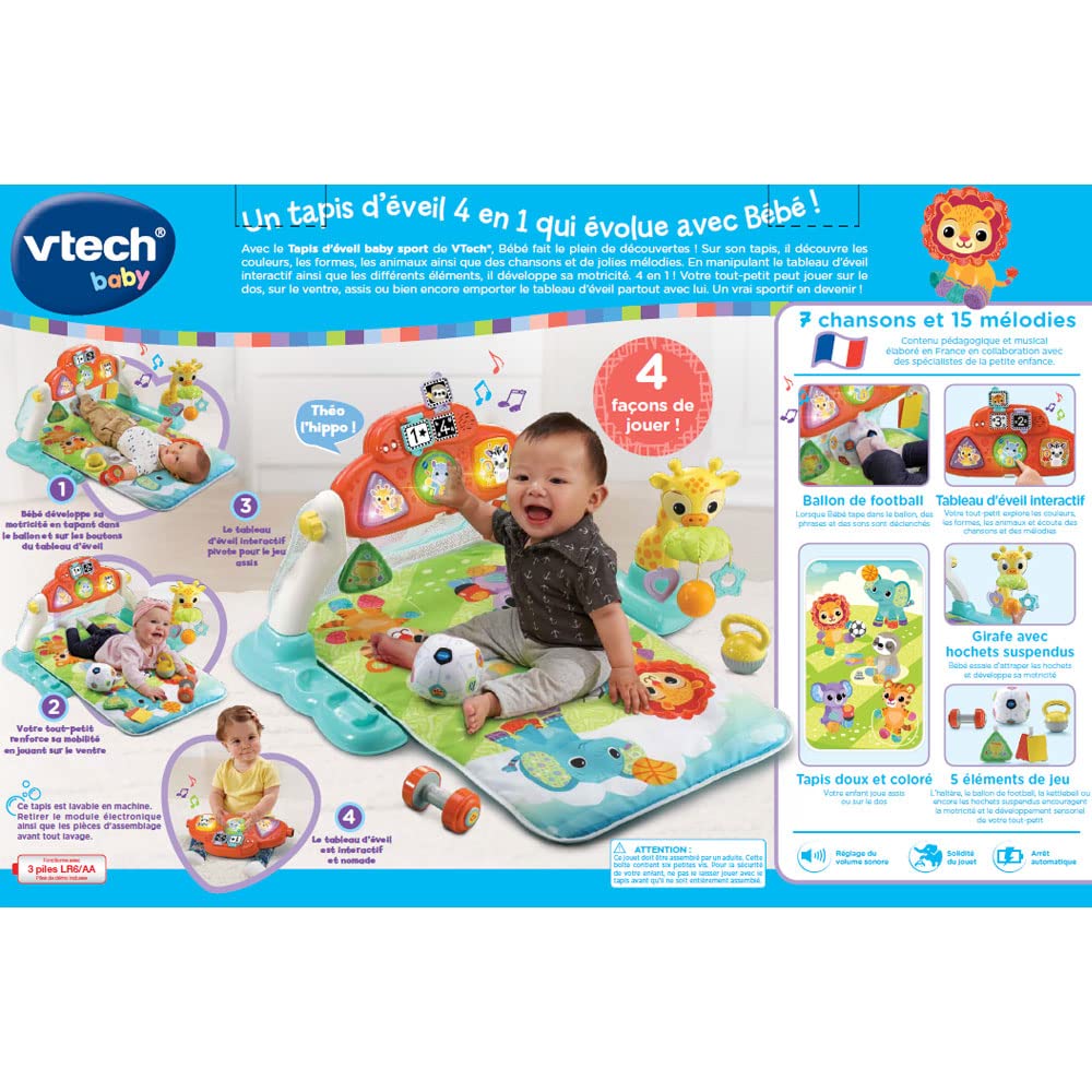 VTech - Tapis d'Éveil Baby Sport 4 en 1, Tapis d'Éveil et de Jeux Musical et Évolutif, Jouet d'Activité et de Développement, Hochets, Haltères Factices, Cadeau de Naissance Bébé - Contenu en Français